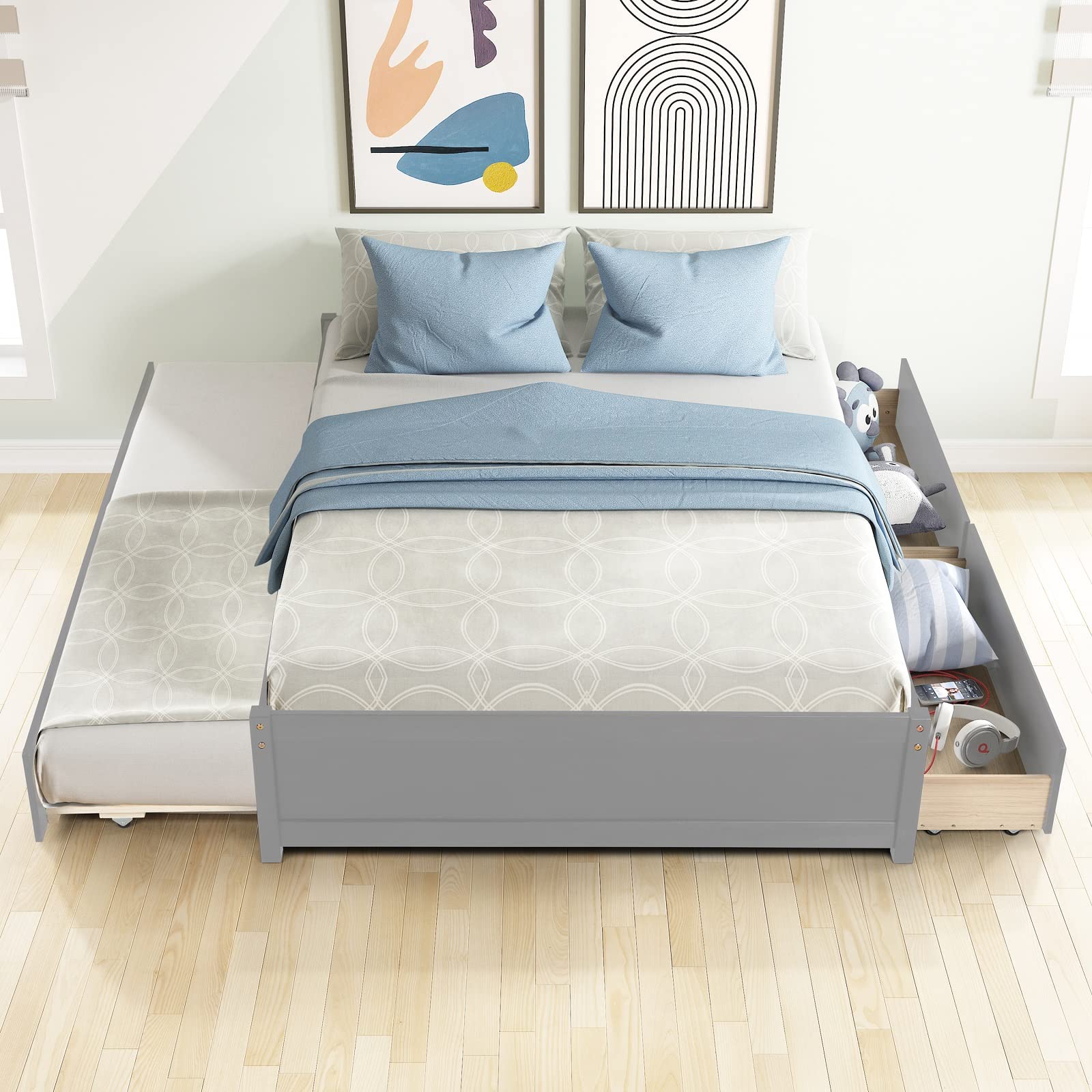 Danxee Wooden Captain's Bed with Storage - Full Size Daybed with Twin Trundle & 2 Drawers - Kids Platform Bed (Gray) - Perfect for Small Spaces, Guest Rooms & Children's Bedrooms