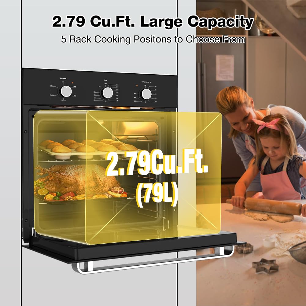24 Inch Single Wall Oven - ETL Certified Built-in Electric Oven with 5 Cooking Functions, 2.79 Cu. Ft. Capacity, Mechanical Knob Controls & Black Tempered Glass Finish - Perfect for Modern Kitchens, Baking, Roasting and Family Cooking