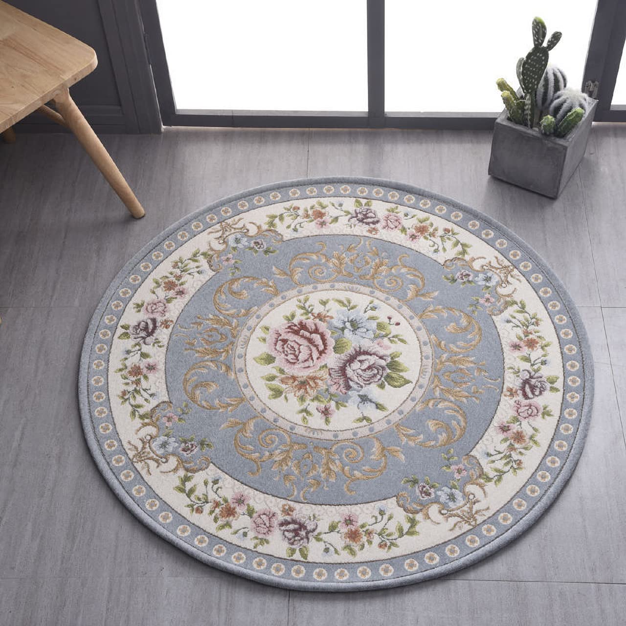 4ft Floral Round Non-Slip Area Rug - Machine Washable Sustainable Kitchen & Living Room Rug in Light Blue | Perfect for Cozy Home Decor & High-Traffic Areas