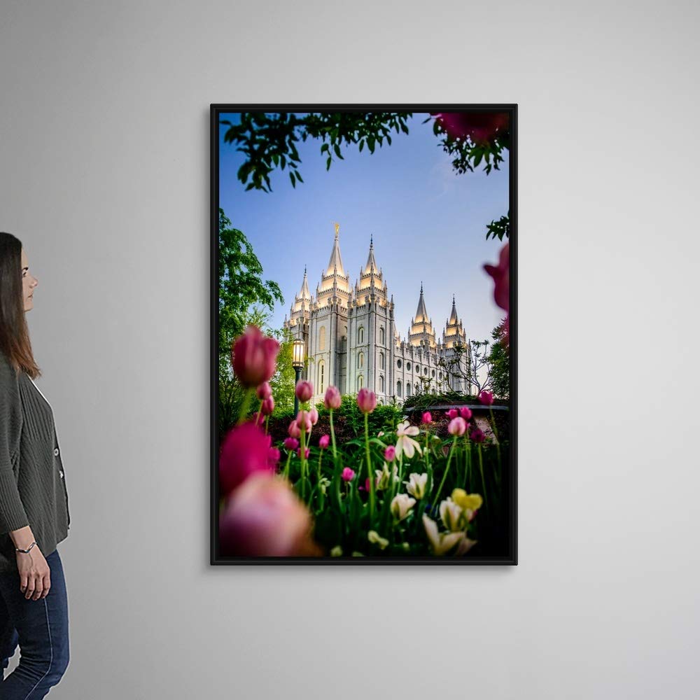 Salt Lake Temple with Tulips - Black Float Frame Canvas Wall Art - Utah Landscape Painting - Perfect for Home Decor, Office & Gift Giving