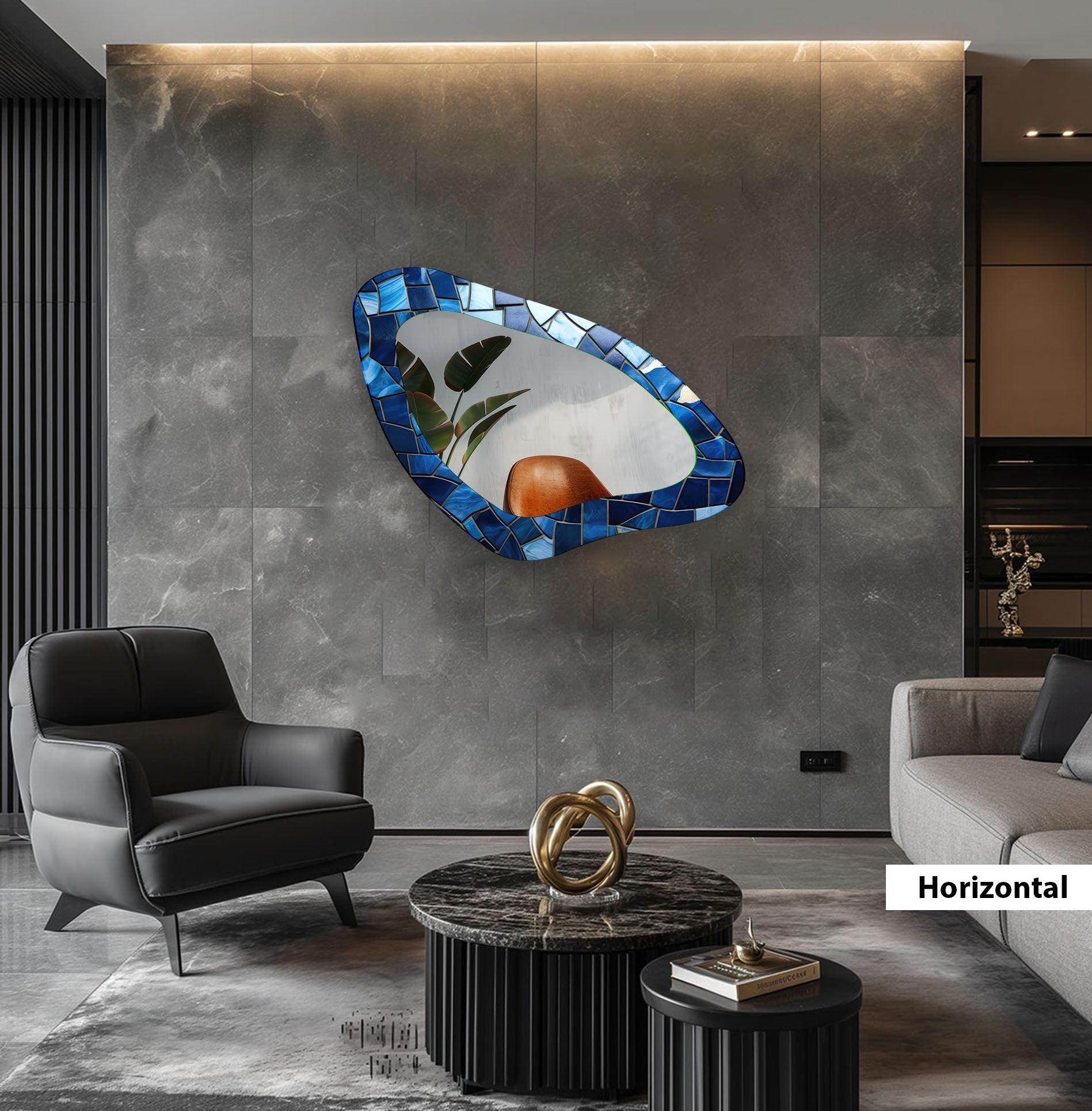 Blue Mosaic Decorative Wall Mirror - Handcrafted Boho Style Accent Mirror for Living Room, Bedroom, or Bathroom Decor