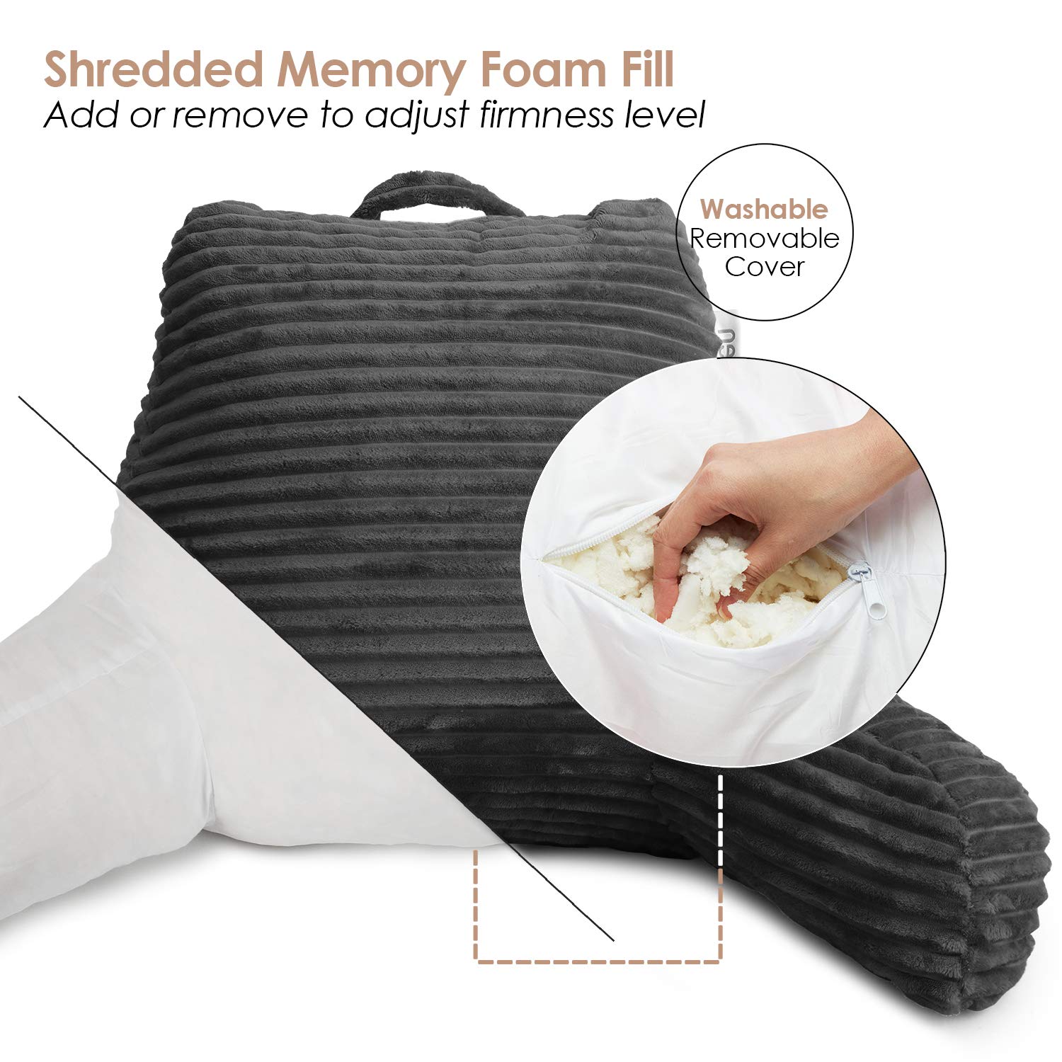 Nestl Reading Pillow for Adults - Plush Back Support Pillow with Shredded Memory Foam, Armrests & Pockets - Perfect for Sitting Up in Bed, Reading, Watching TV, or Relaxing - Grey Bed Rest Pillow