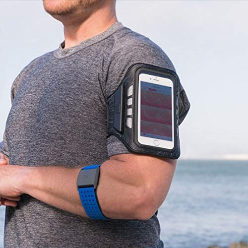 Bright LED Rechargeable Sports Armband - Compatible with iPhone 13/12/11 Pro Max/Xs/X/8+/7 Plus, Samsung Galaxy S9/S8/Note 9, Pixel 2 - Adjustable Crossfit Running Band with Blue LED Lights (Includes Microfiber Cloth) - Perfect for Night Jogging, Gym Workouts & Outdoor Activities