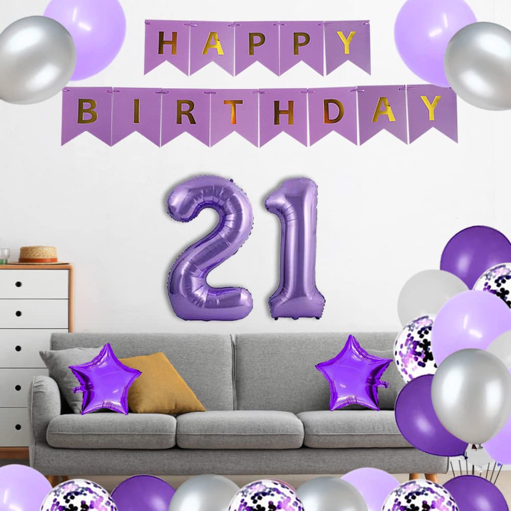 21st Birthday Party Decorations - Purple Happy Birthday Banner, 40 Inch Number 21 Sign, Sash & Confetti Balloons - Perfect for 21st Birthday Party Supplies | Great for Milestone Celebrations, Photo Backdrops & Adult Birthday Decor