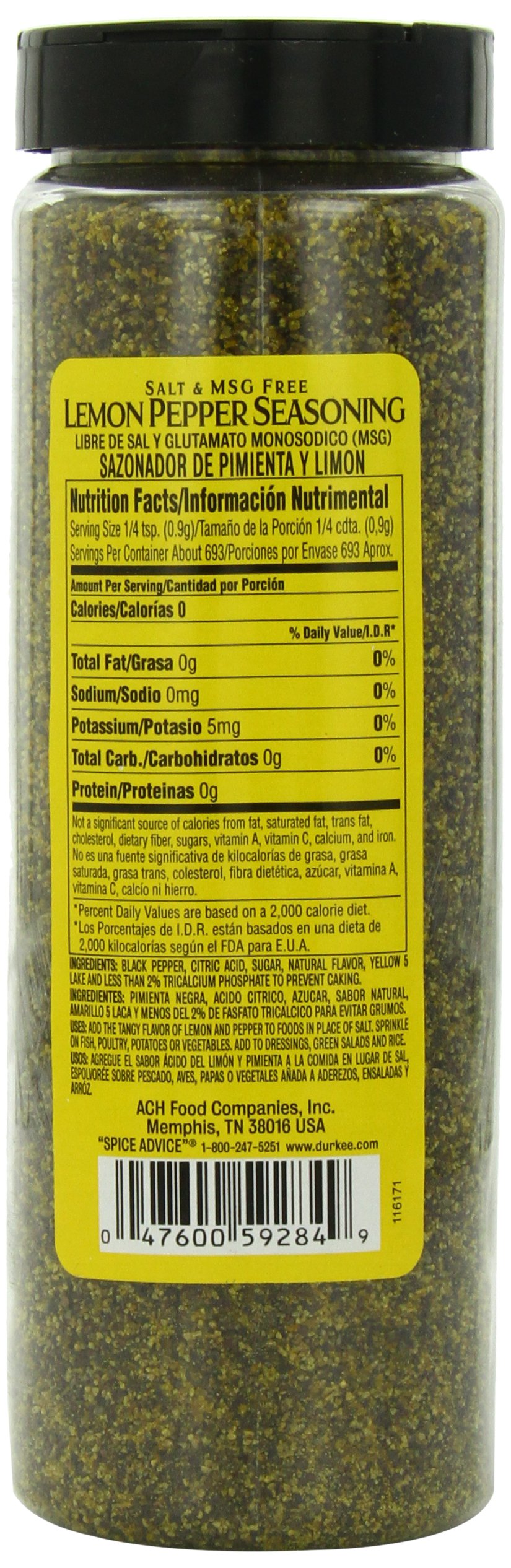 Durkee 100% Salt Free Lemon Pepper Seasoning - 22 oz Bottle | All Natural Spice Blend for Chicken, Fish & Vegetables | Perfect for Grilling, Baking & Cooking