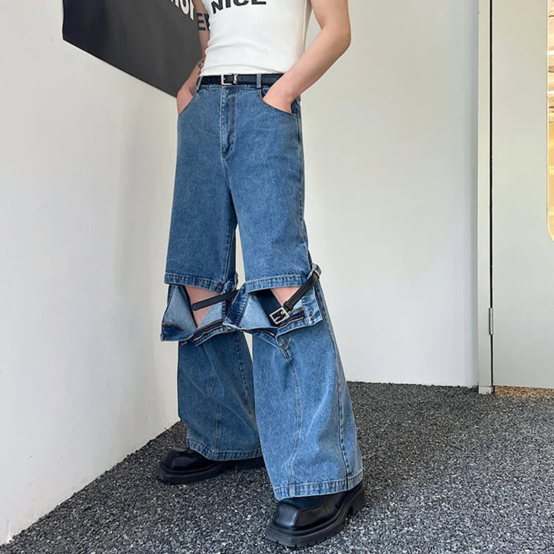 Men's Stylish Patchwork Washed Denim Jeans with Personalized Buckle Design - Solid Color Casual Pants for Spring | Perfect for Daily Wear, Office & Weekend Outfits