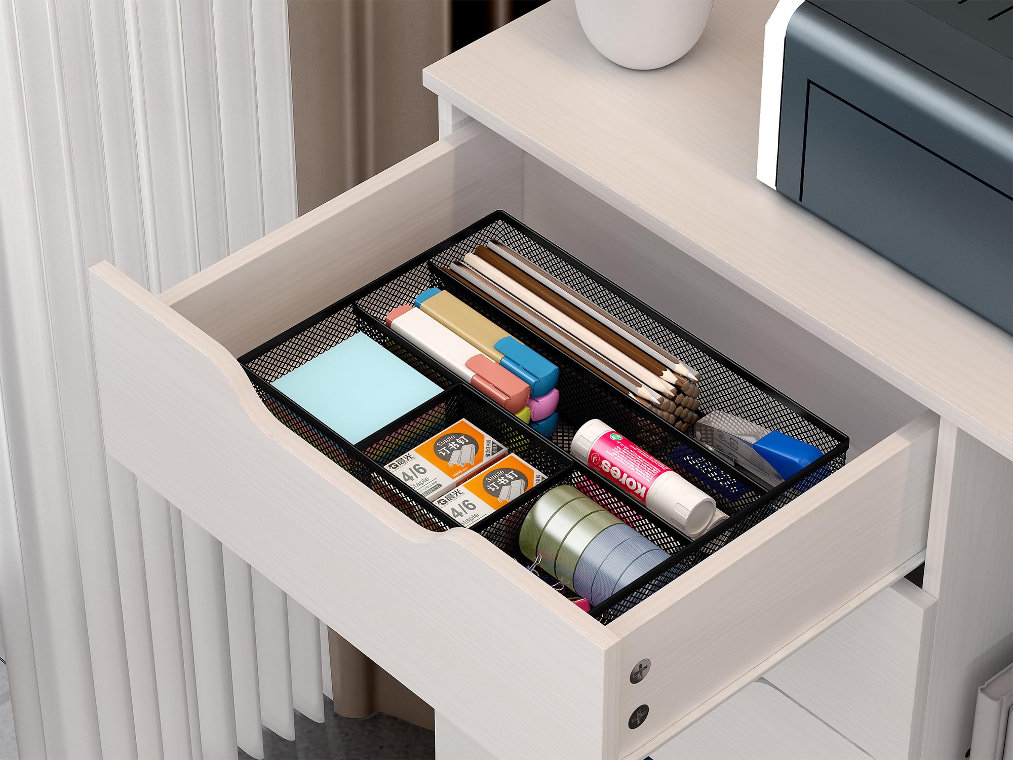 Metal Mesh Drawer Organizer - Desk Drawer Dividers & Pen Organizer for Office, Kitchen, Bathroom | Black Tray Box Accessories for Desktop Storage & Organization