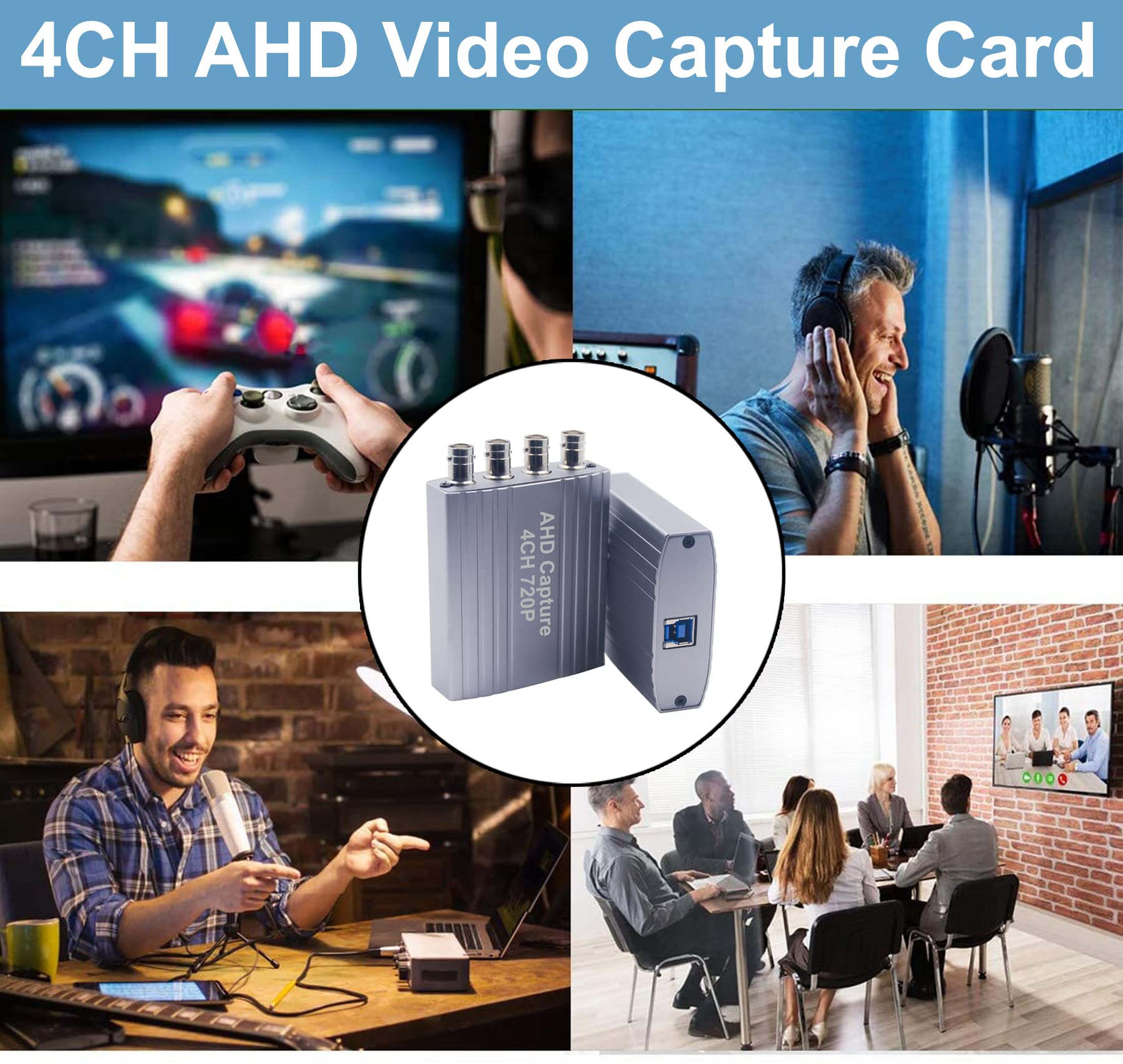 4CH 720P 30FPS AHD Video Capture Card with USB Output - No Driver Needed for Easy Live Streaming & Recording - Perfect for Security Monitoring, Game Streaming & Video Conferencing
