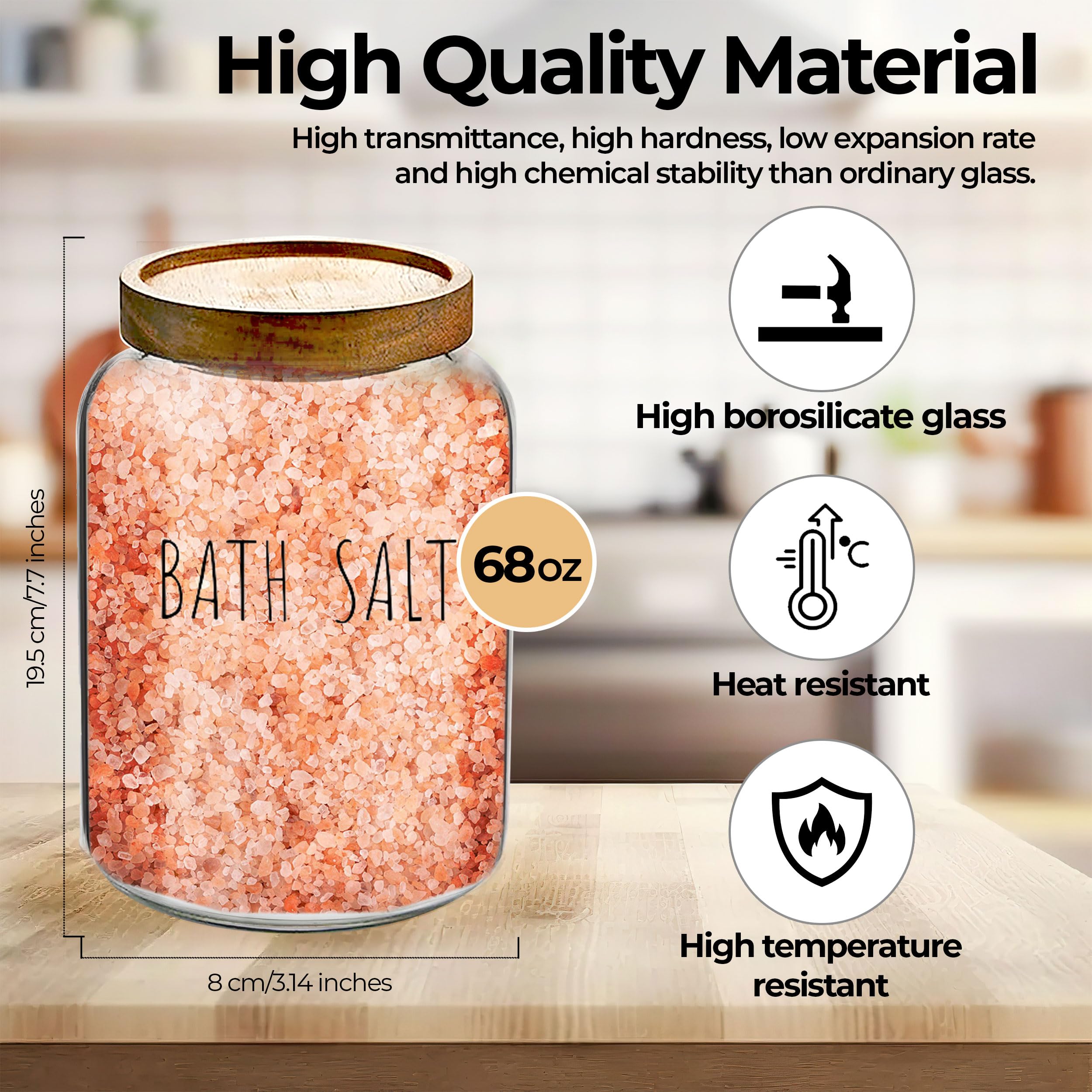Bath Salts Glass Jar with Wooden Lid & Scoop - Airtight Bath Salt Container for Women - Perfect for Bathroom Decor & Bathtub Accessories - Ideal for Relaxing Spa Nights & Gift Giving