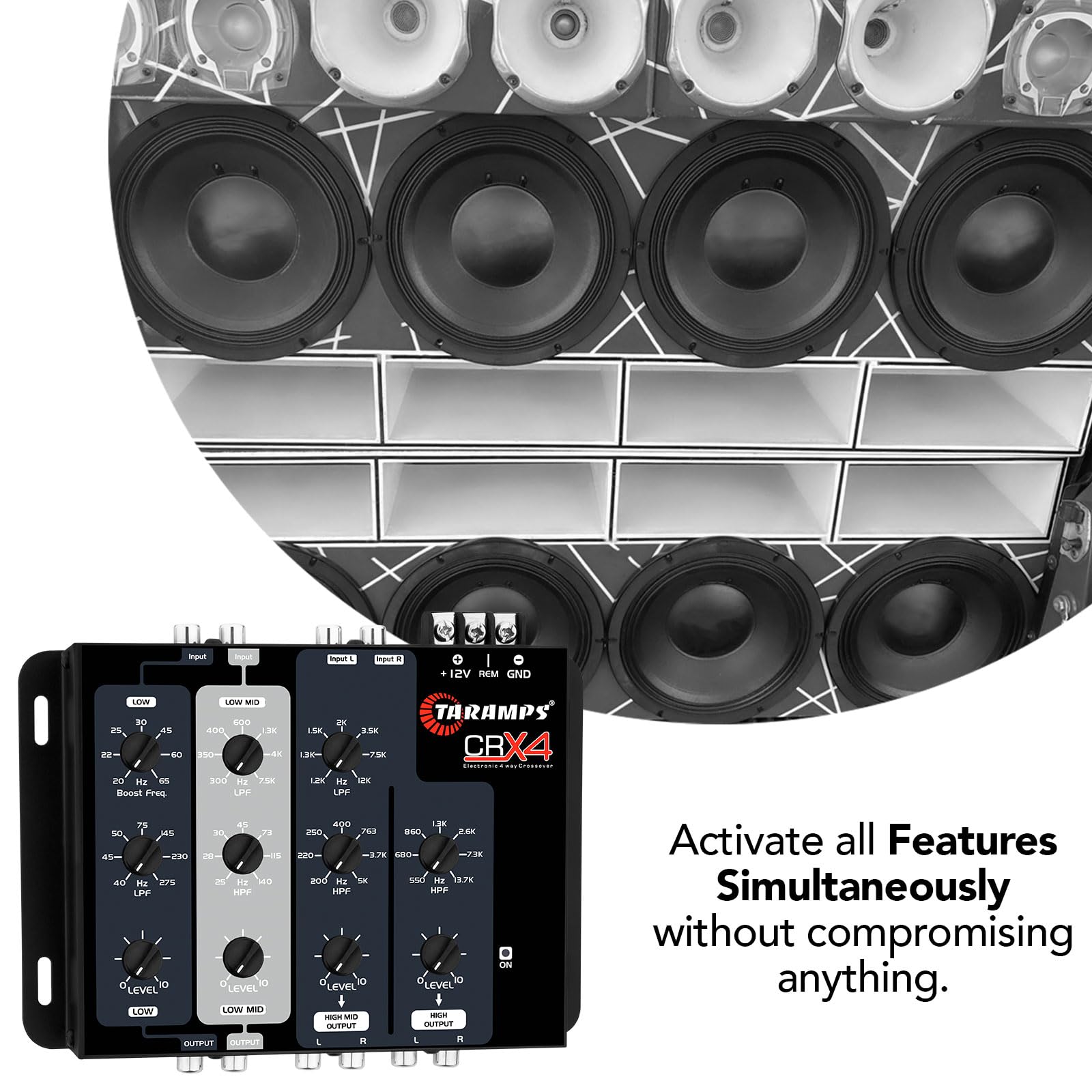 Taramps Crx4 4-Way Electronic Crossover RCA Car Audio Processor - 8V RMS, Stereo Equalizer with Bass Boost | Compact Design for High/Low Frequency Control | Perfect for Car Audio Systems & Custom Installations