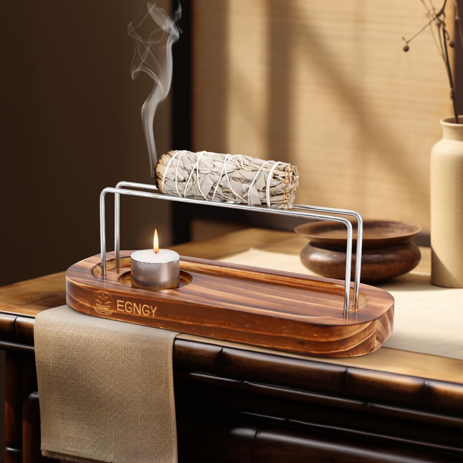 Handmade Palo Santo & Sage Burner - 4-in-1 Incense Stick Holder, Candle Stand & Natural Wood Burner - Spiritual Meditation Gift for Yoga, Home Decor & Aromatherapy