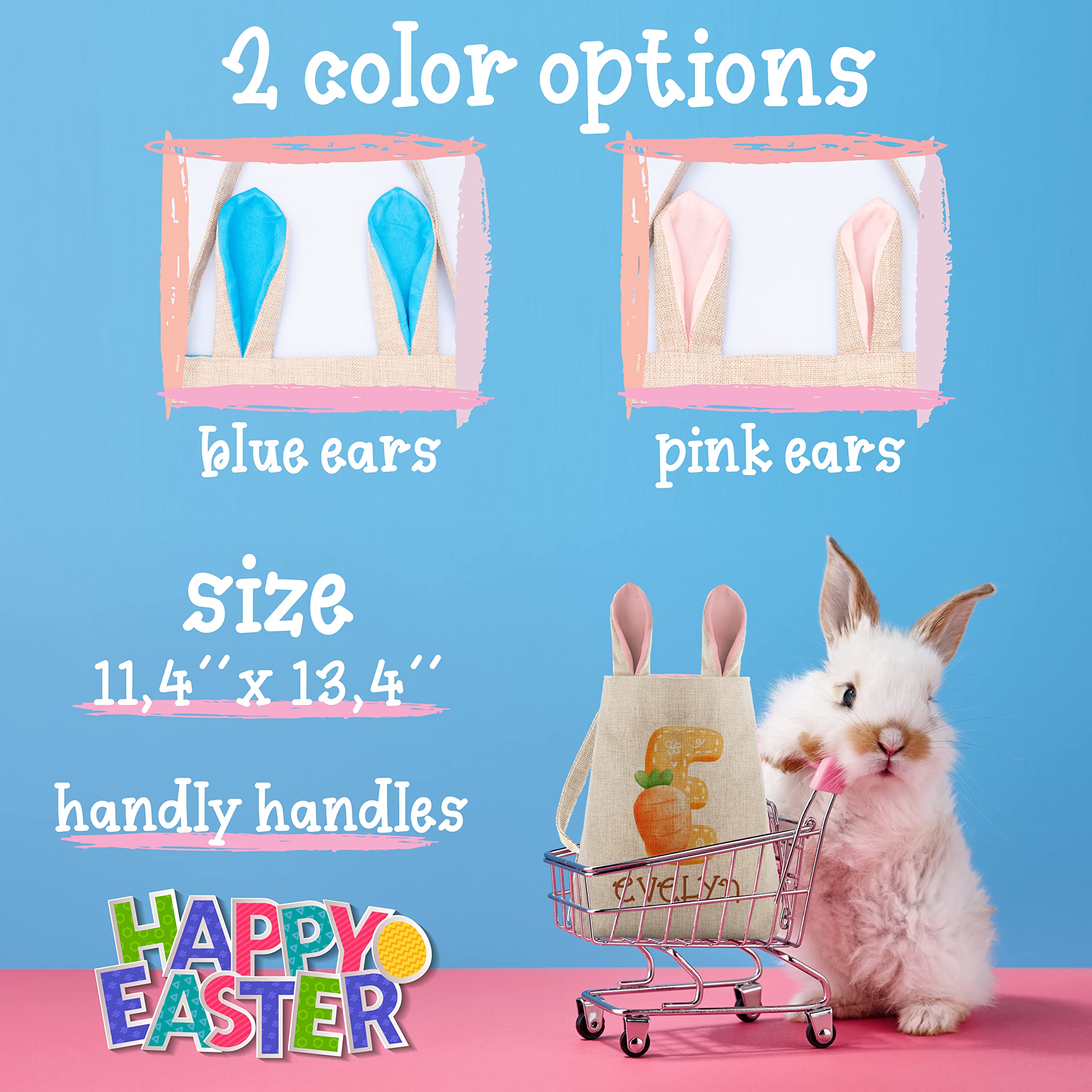 Personalized Easter Baskets for Boys & Girls - Set of 2 Custom Bunny Ear Tote Bags with Name & Initial (Pink/Blue) - Easter Egg Hunt Baskets, Kids Easter Gift Bags, Candy Holder for Holiday Parties & Spring Celebrations