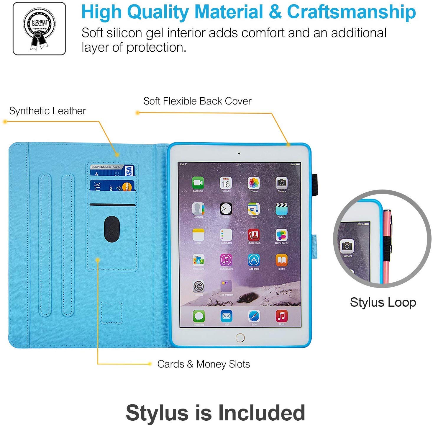 Dteck PU Leather Smart Case for iPad 9.7 Inch (2018/2017) & iPad Air 1/2 - Auto Sleep/Wake Folio Stand Cover with Wallet Function - Purple Butterfly Design - Perfect for Work, Travel & School Use