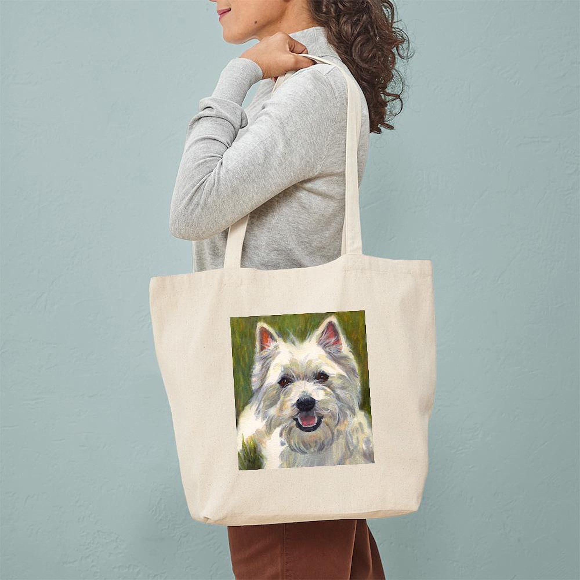 Happy Westie Tote Bag - Natural Canvas Reusable Shopping Bag for Groceries, Beach & Daily Use | Eco-Friendly Cotton Tote with Cute Dog Design