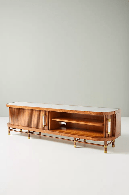 Hand Carved Deluxe Tambour Media Unit Cabinet - Solid Wood TV Stand with Storage for Living Room, Bedroom & Home Theater