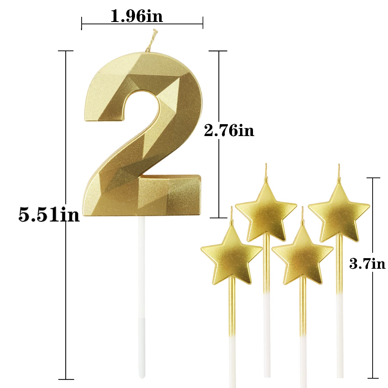 Golden Number 2 Birthday Candles - 2.76 Inch 3D Diamond Shaped Cake Candles with Stars for Birthday Parties, Anniversaries & Special Celebrations - Perfect for Cake Decorations (Gold)