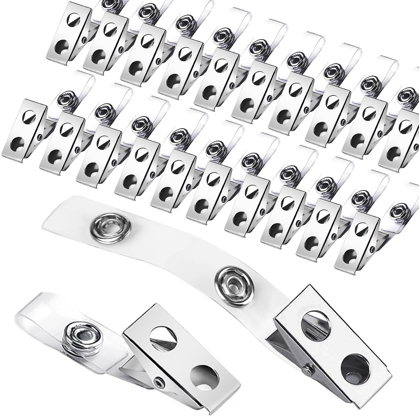 100 Metal Badge Clips with PVC Straps - Double Hole ID Tags for Work & Events