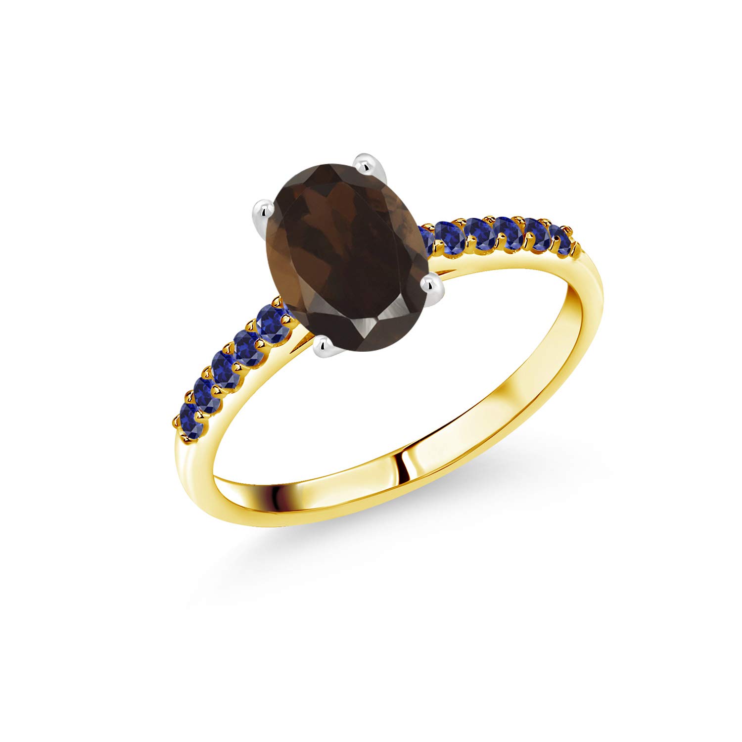 1.44 Ct Natural Smoky Quartz & Blue Created Sapphire 10K Yellow Gold Ring with White Gold Prongs - Elegant Wedding, Engagement & Anniversary Jewelry Gift for Women