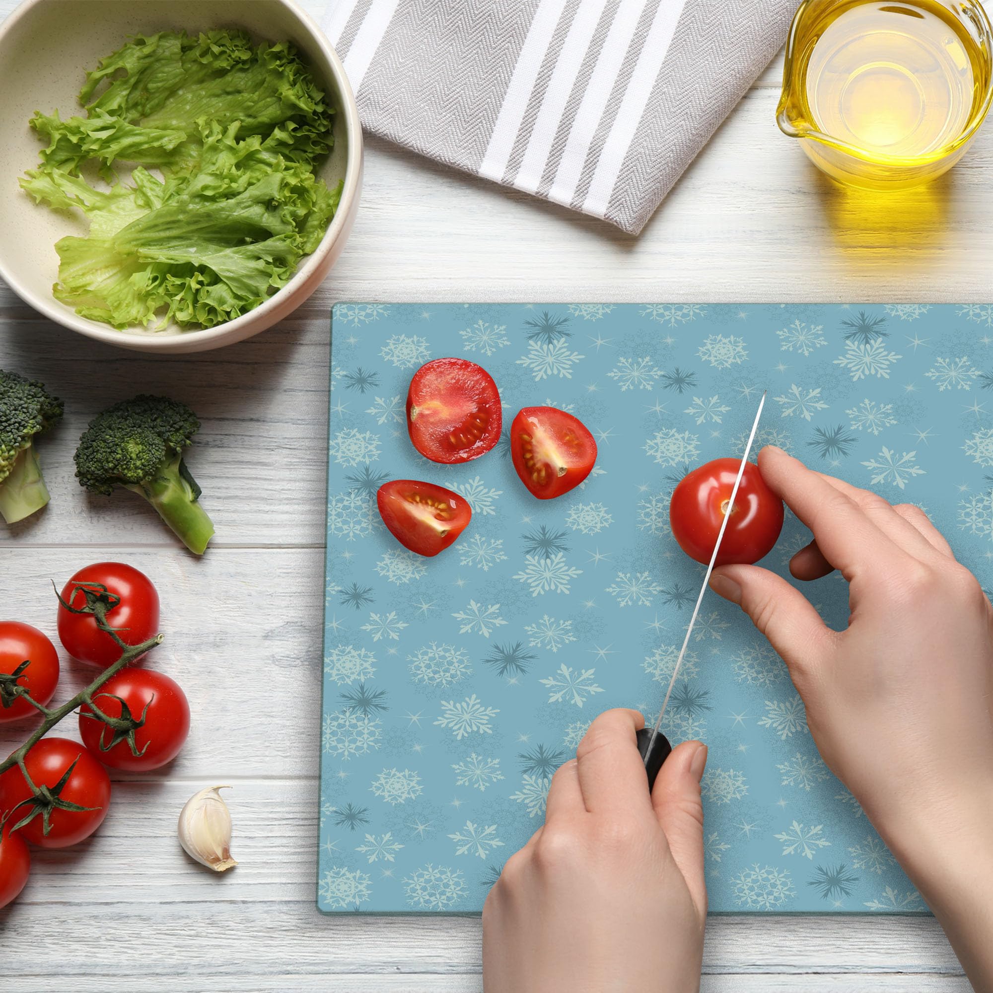 Ambesonne Winter Themed Tempered Glass Cutting Board - Large Decorative Serving Tray with Holiday Stars Design in Pale Blue, White & Grey | Perfect for Christmas Dinner, New Year's Eve Party & Winter Entertaining