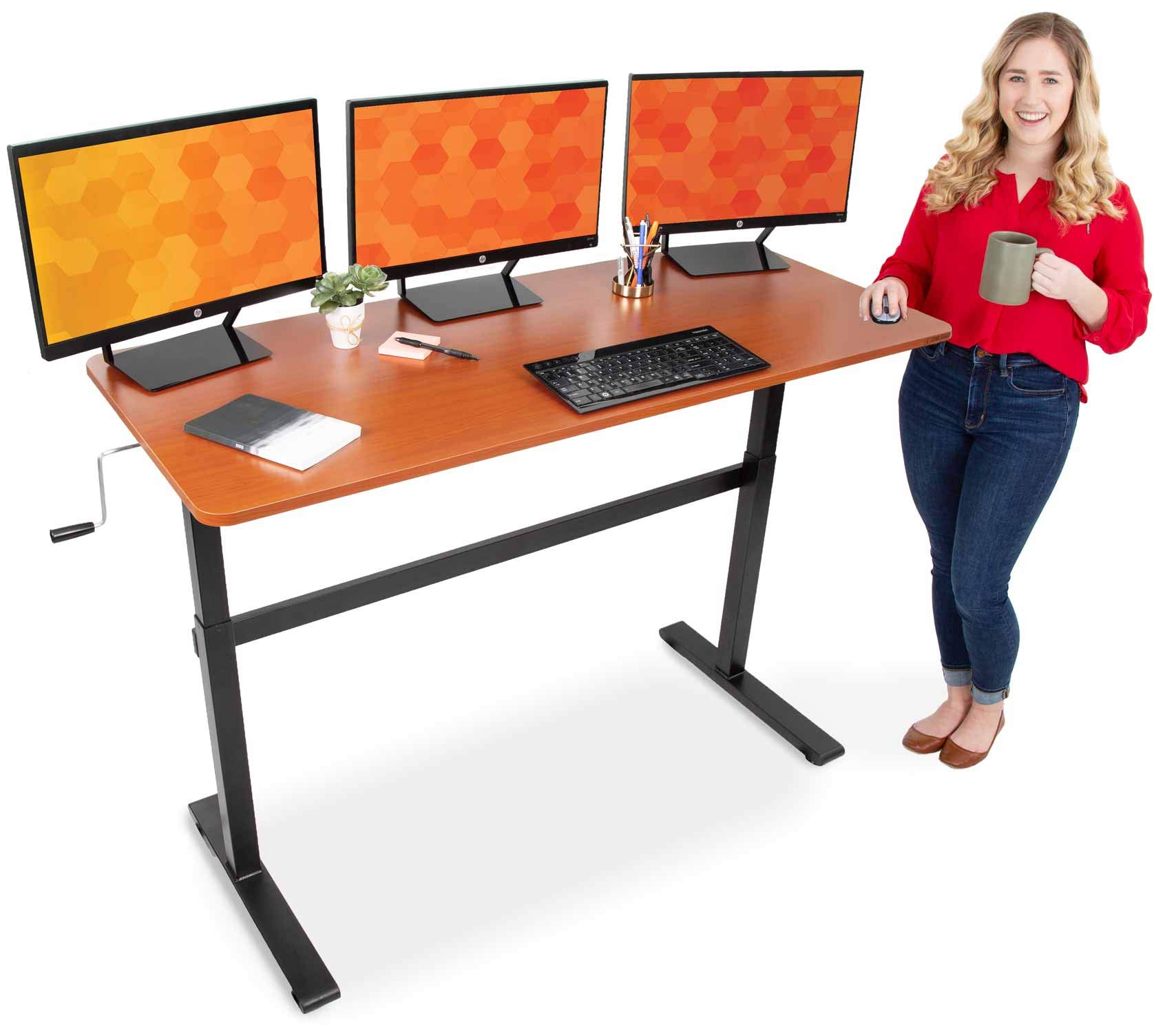 Tranzendesk 55 Inch Height Adjustable Standing Desk with Wheels - Crank Sit to Stand Workstation - Ergonomic Office Desk Supports 3 Monitors (Cherry) - Perfect for Home Office, Gaming Setup & Workspace Productivity