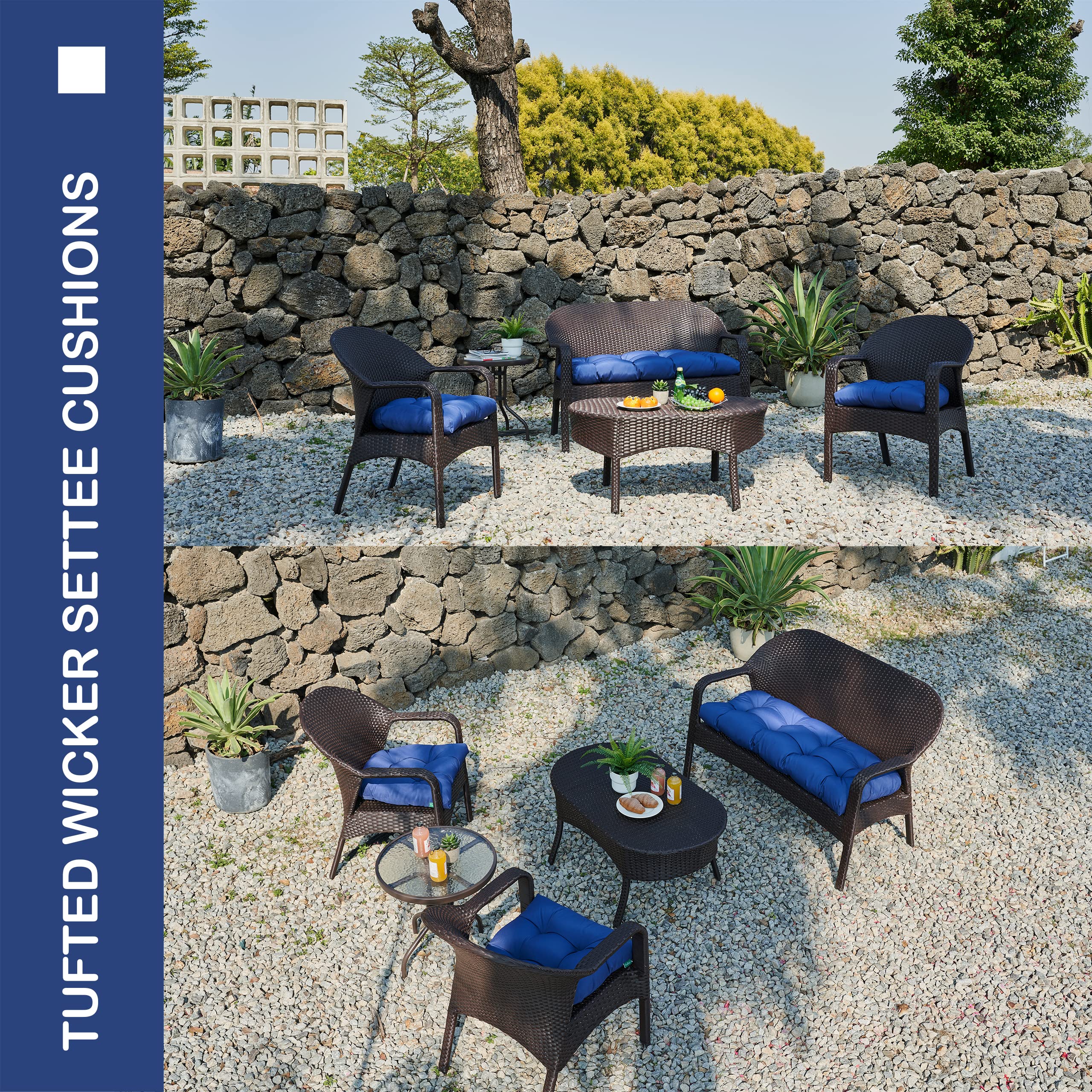 **3-Piece All-Weather Tufted Wicker Chair Cushion Set – 1 Loveseat & 2 U-Shaped Waterproof Patio Cushions for Outdoor/Indoor Furniture, Bench, Sofa – Navy Blue – Perfect for Garden, Deck, Poolside & Sunroom**