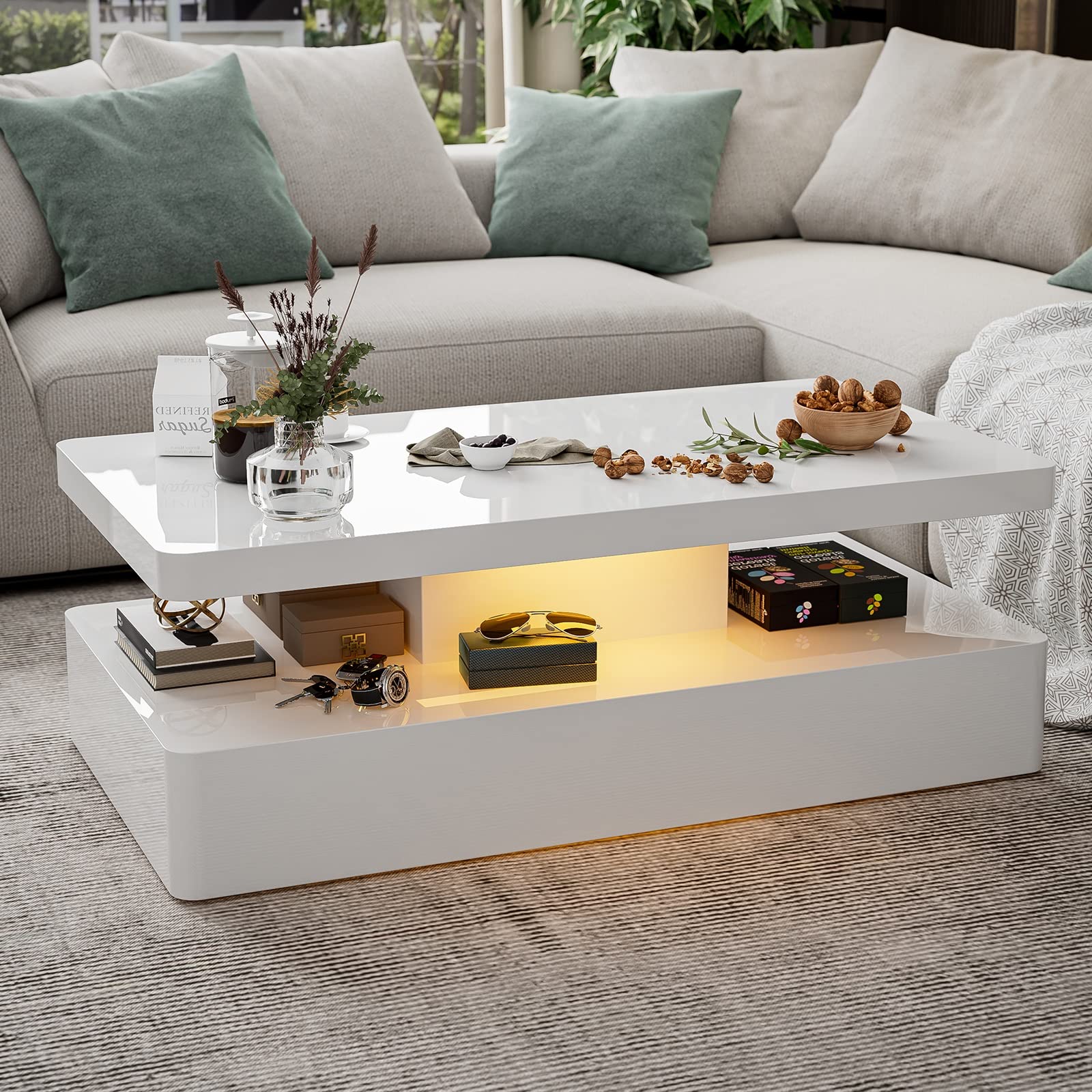 IKIFLY LED High Glossy Coffee Table - Modern Rectangle 2-Tier Living Room Table with 16 Color Changing Lights, White | Perfect for Small Spaces, Apartments & Contemporary Home Decor