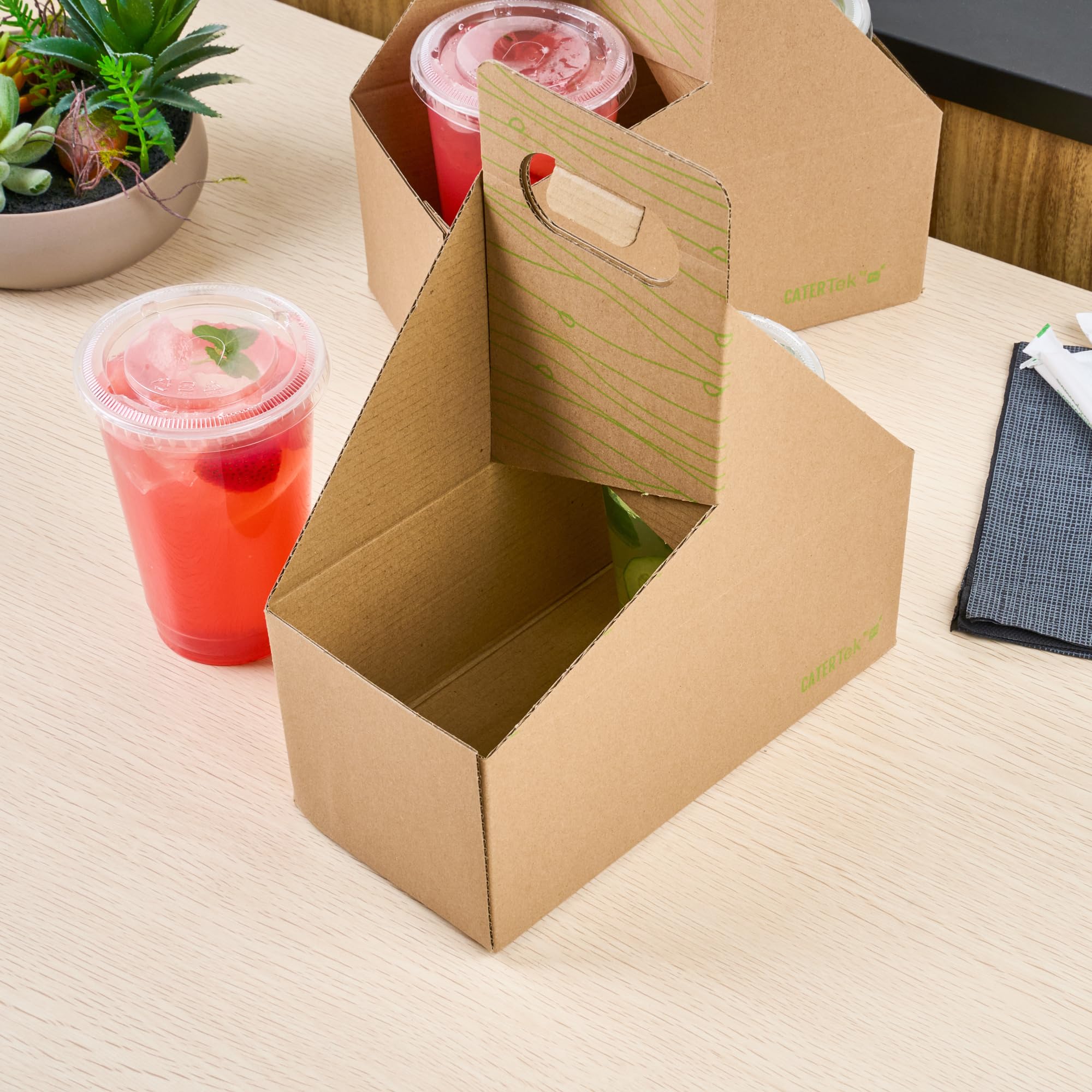 Restaurantware Cater Tek 100-Pack Disposable Cup Carriers with Handles - Kraft & Green Paper Drink Holders for 2 Cups, Perfect for Delivery, Takeout, Coffee Shops, and Beverage Businesses
