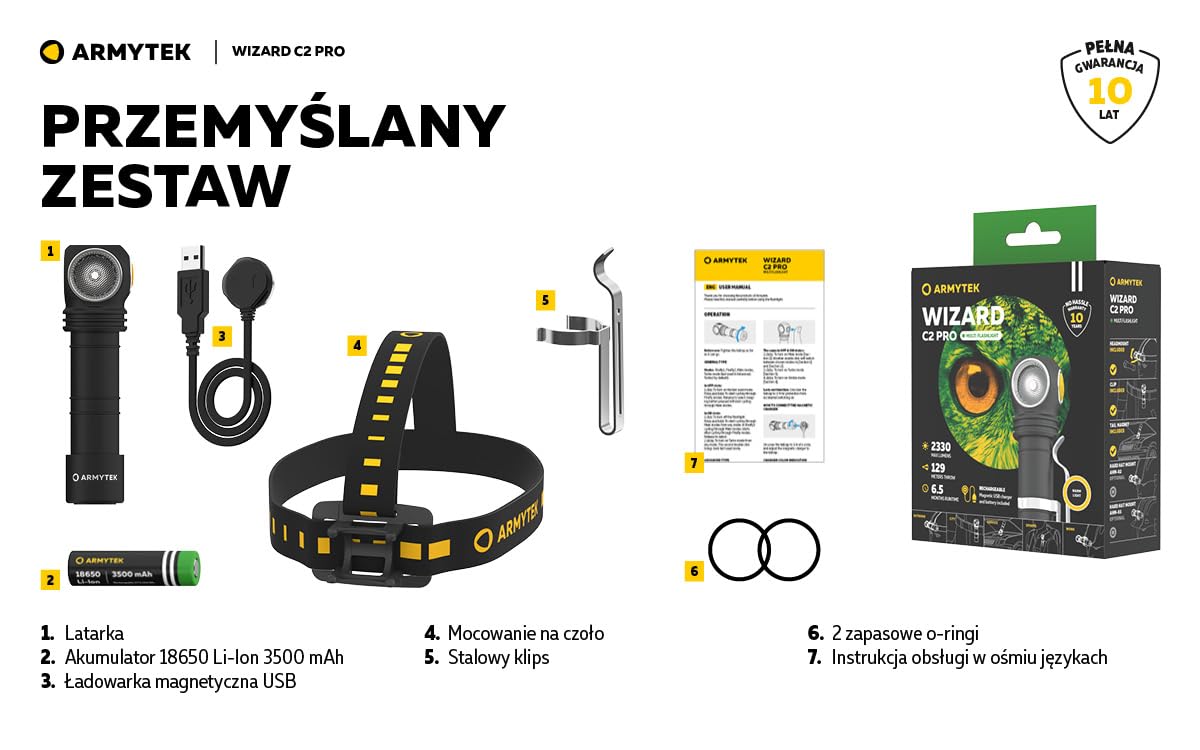 Armytek Wizard C2 Pro DE V4 USB Rechargeable LED Headlamp - Warm White Light for Camping, Hiking & Outdoor Adventures