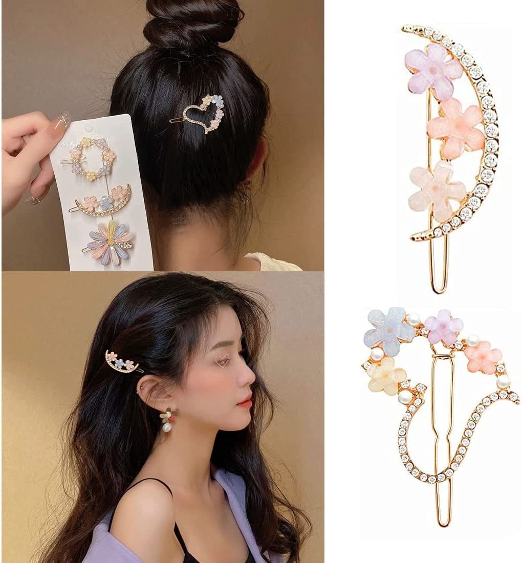Korean Flower Pearl Hair Clips for Women & Girls - 4 Pack Elegant Pearl Resin Bobby Pins & Hair Slides | Perfect for Weddings, Parties, and Everyday Hair Accessories