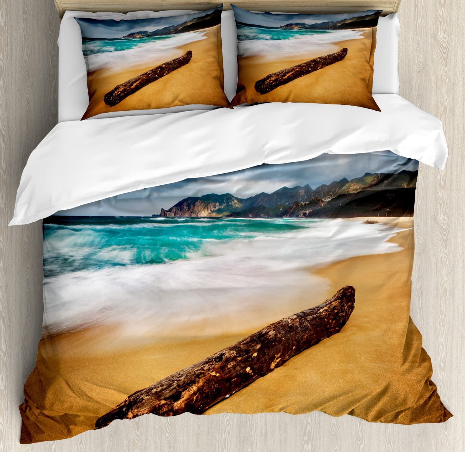 Ambesonne Coastal Driftwood Duvet Cover Set - Stormy Seascape Beach Print with Tree Design - 2 Pack Cal King Size Blue & Ginger Bedding (2 Duvet Covers + 4 Pillowcases) - Perfect for Beach House Decor & Coastal Theme Bedrooms