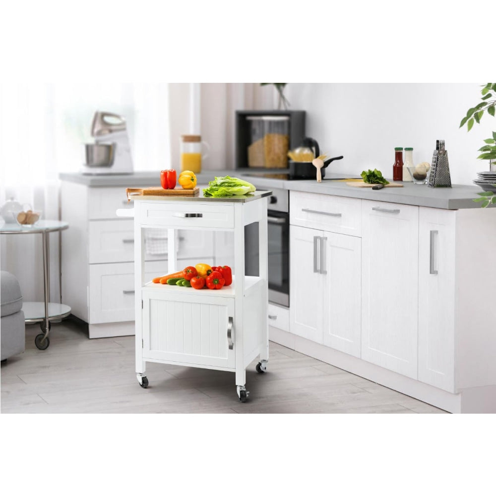 Premium Stainless Steel Top with Wooden Frame Kitchen Cart - White | Rolling Kitchen Island for Small Spaces, Dining Room & Food Prep Station