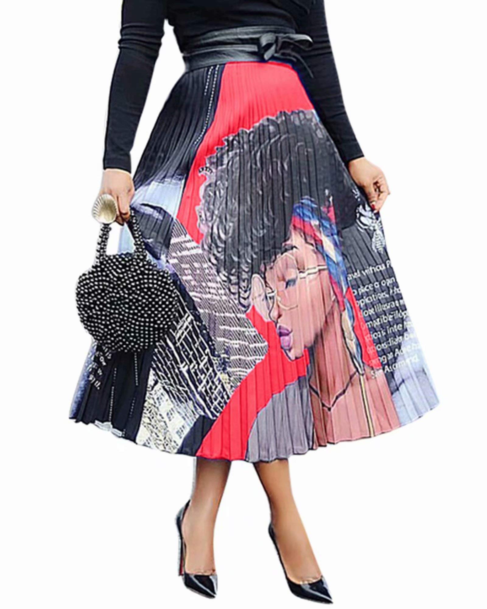 ThusFar Women's Graffiti Pleated Skirts - Cartoon Printed Elastic Waist A-Line Swing Midi Skirt for Casual Wear, Street Style & Summer Outfits