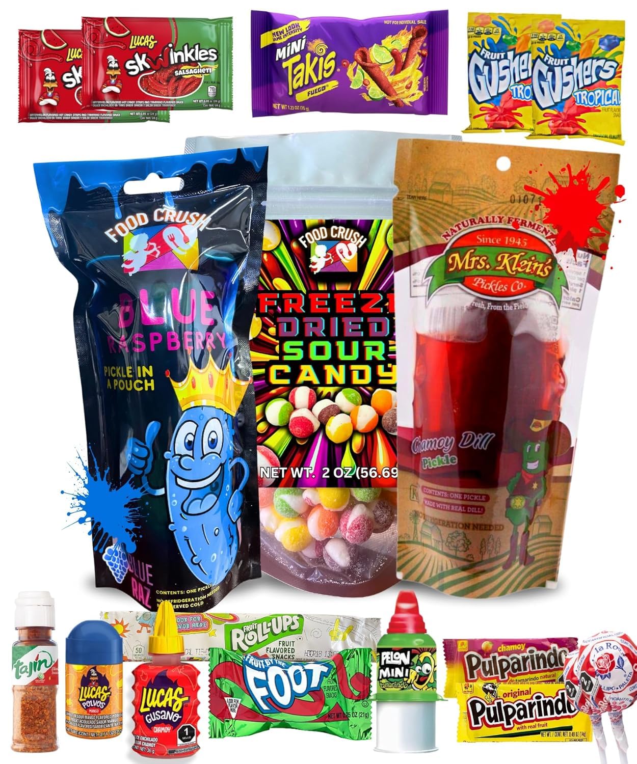 Blue Raspberry Chamoy Pickle Kit for 2 - Includes Freeze Dried Candy, Takis, Swinkles (17 pcs), Fruit Roll-Ups & Mexican Candy Lucas Gusano - Perfect for Parties, Movie Nights & Mexican Snack Lovers - by Food Crush