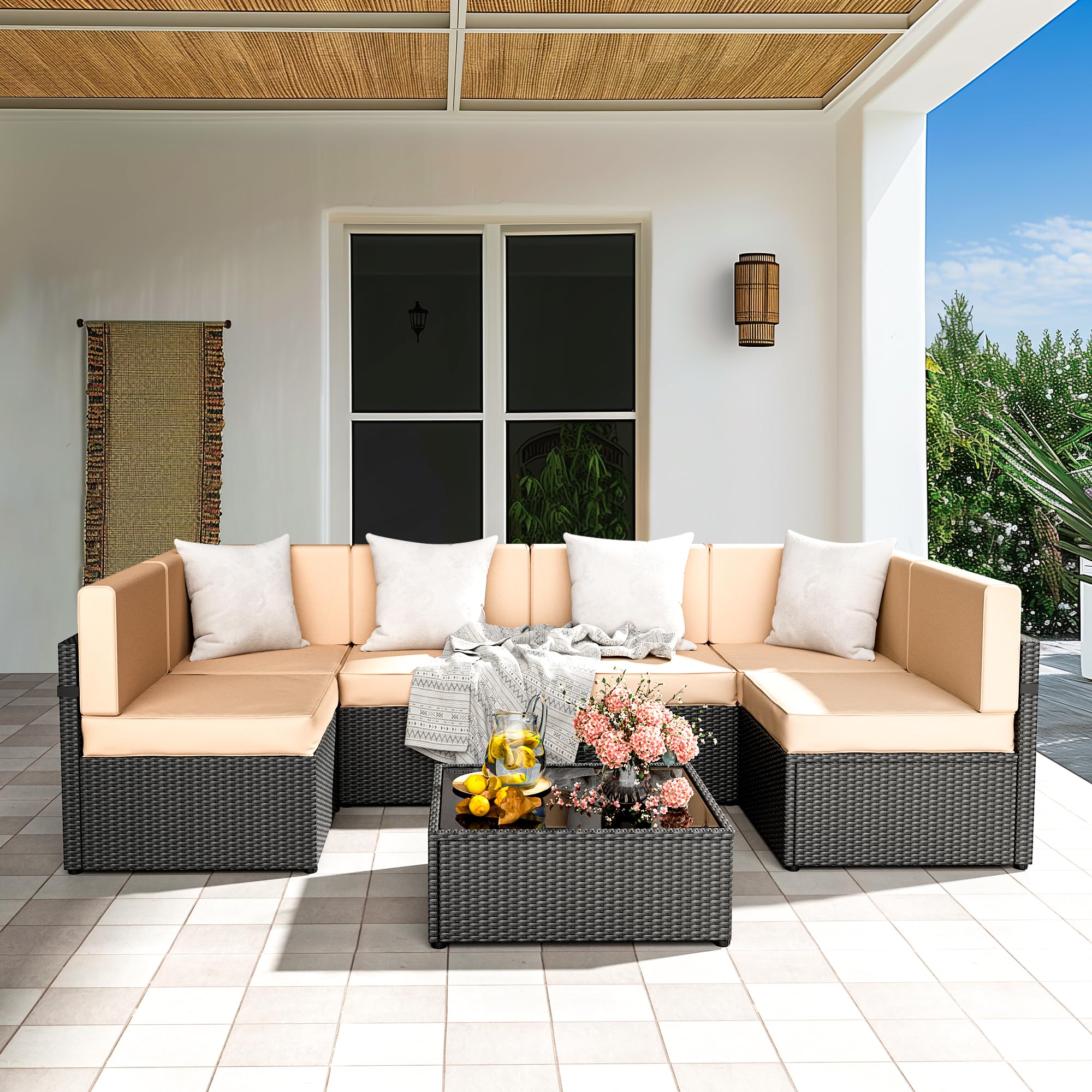 Pamapic 7-Piece Outdoor Rattan Sectional Sofa Set with Coffee Table & Washable Cushions - Cream Patio Furniture for Garden, Poolside & Backyard Relaxation