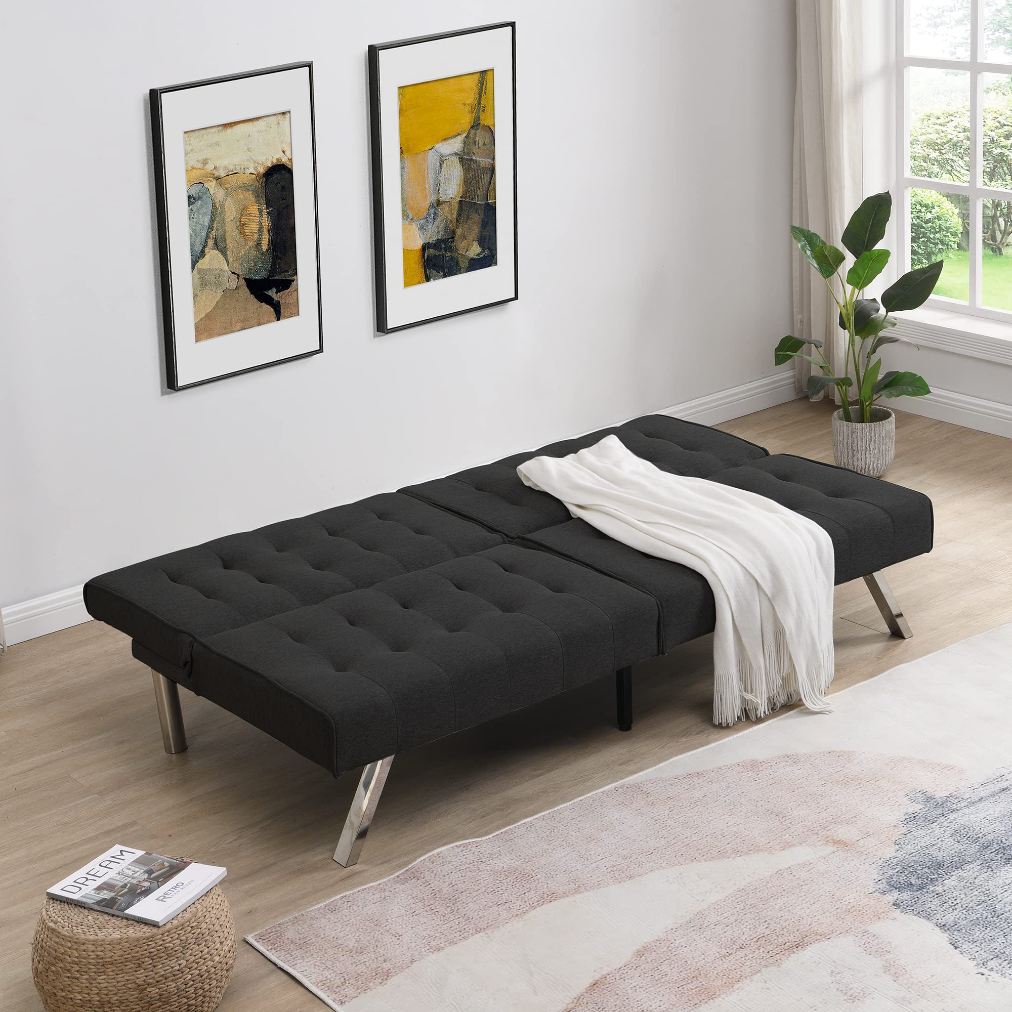 Black Wood Frame Stainless Leg Futon Sofa Bed - Convertible Sleeper for Small Spaces, Guest Rooms & Apartments