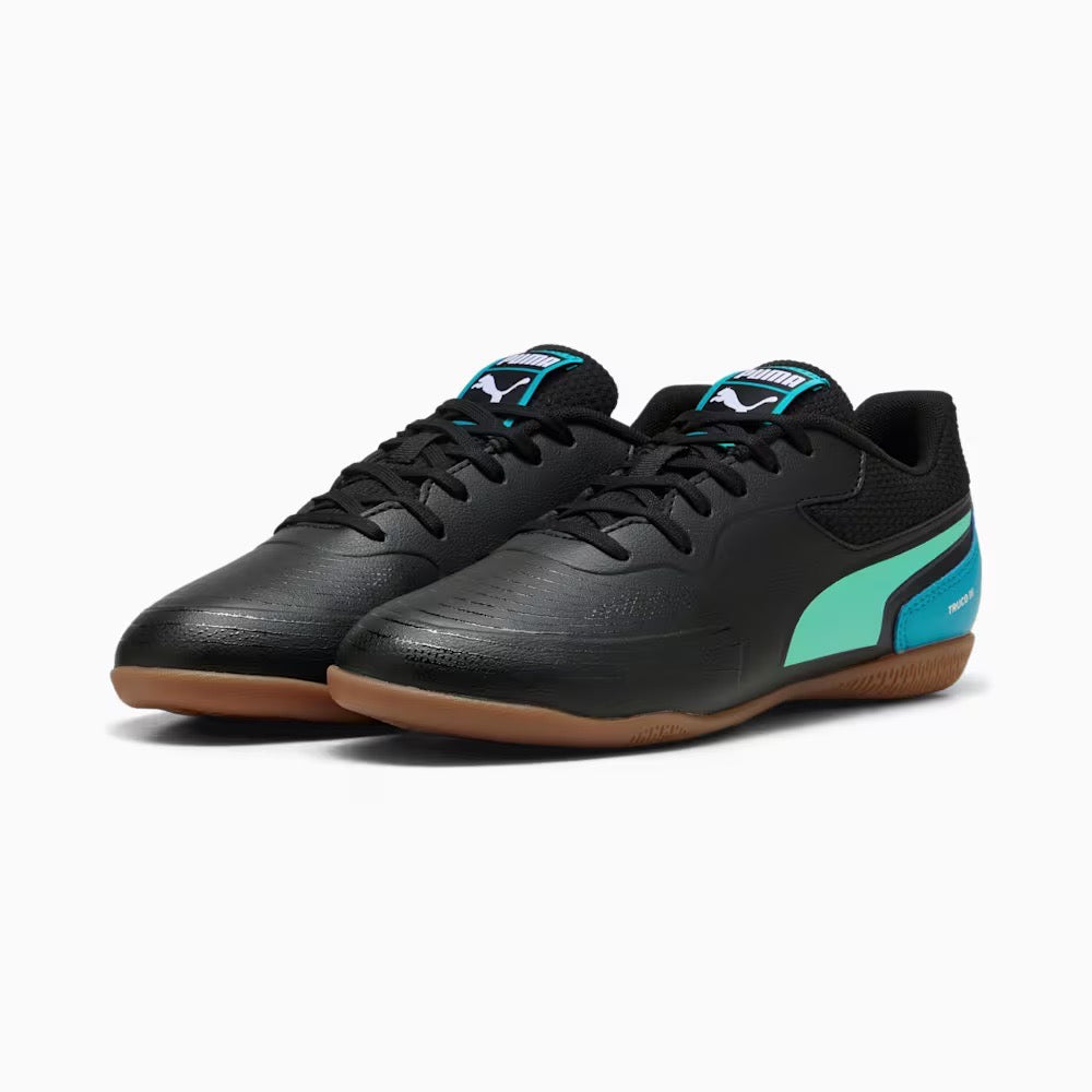 Puma Truco III Junior Indoor Soccer Shoes for Kids - Black, Aquatic, Tropical Blue, White | Perfect for Indoor Football Training & Games