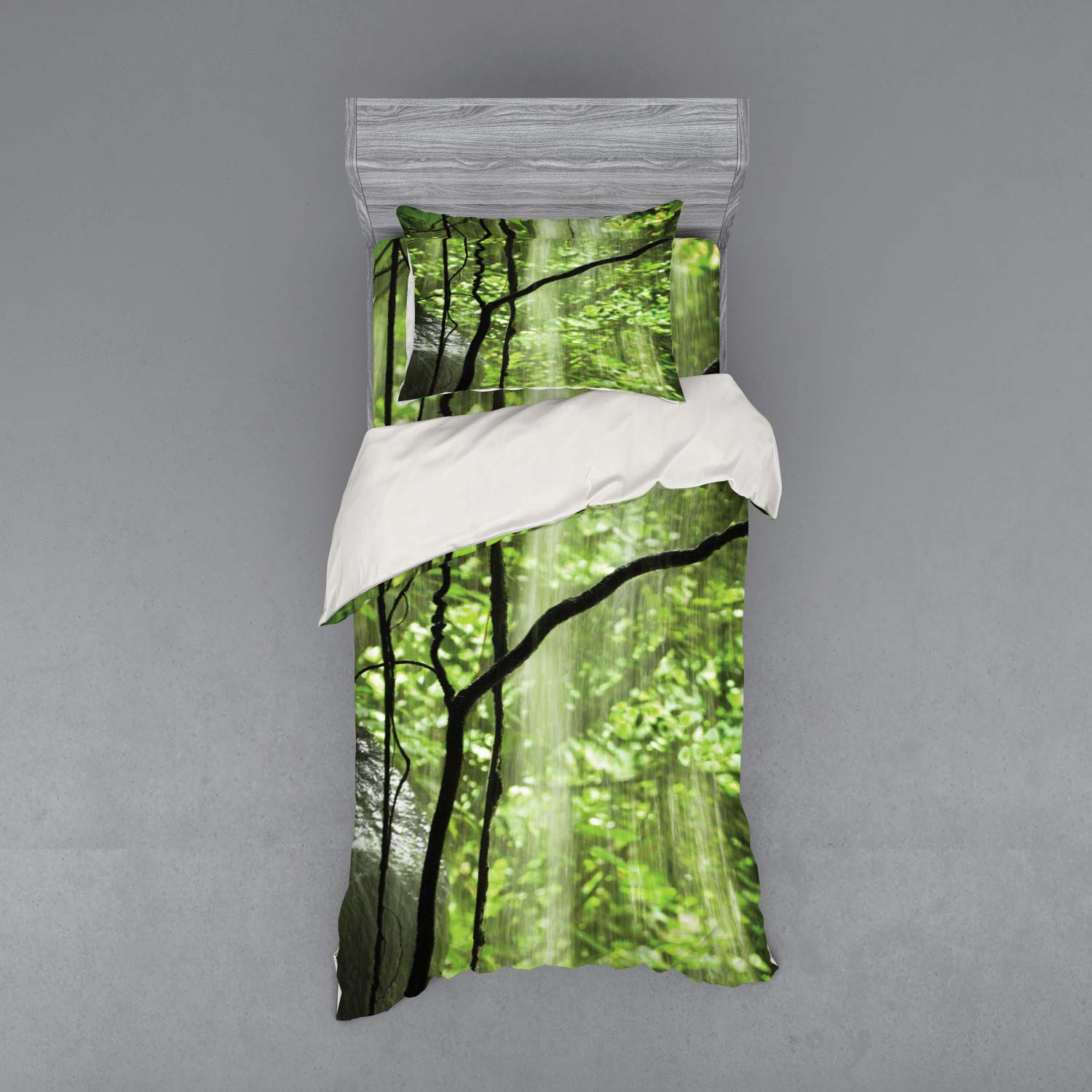 Ambesonne Rainforest Duvet Cover Set - 3-Piece Twin Size Bedding with Sham & Fitted Sheet, Jungle Waterfall & Trees Design in Green & Brown | Nature Themed Bedroom Decor for Kids, Adults & Tropical Home Style | Perfect for Jungle Lovers, Eco-Friendly Home & Cozy Bedroom Retreat