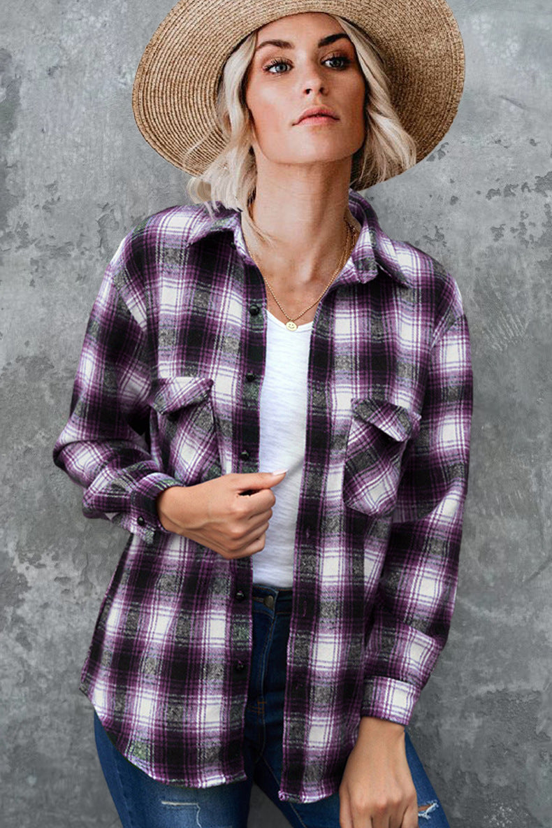 Women's Plaid Shirt Spring Loose Fit Mid-Length Blouse with Turndown Collar - Casual Outfit for Work, Dating & Everyday Wear