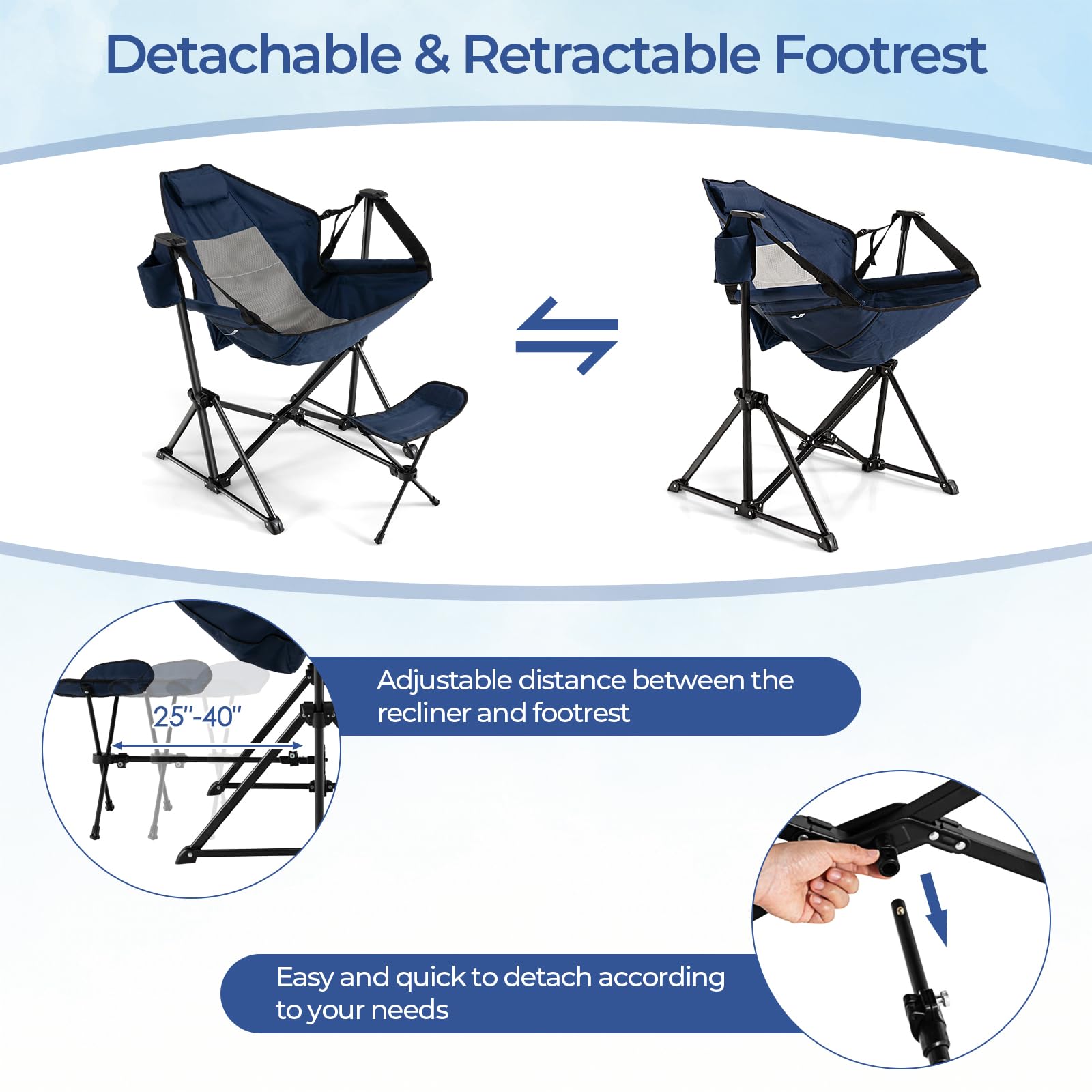 GYMAX Portable Folding Camping Chair with Detachable Footrest & Adjustable Backrest - Lightweight Hammock Rocking Chair for Outdoor, Beach, Lawn, Fishing - Includes Pillow, Cup Holder & Carrying Bag (Navy Blue)