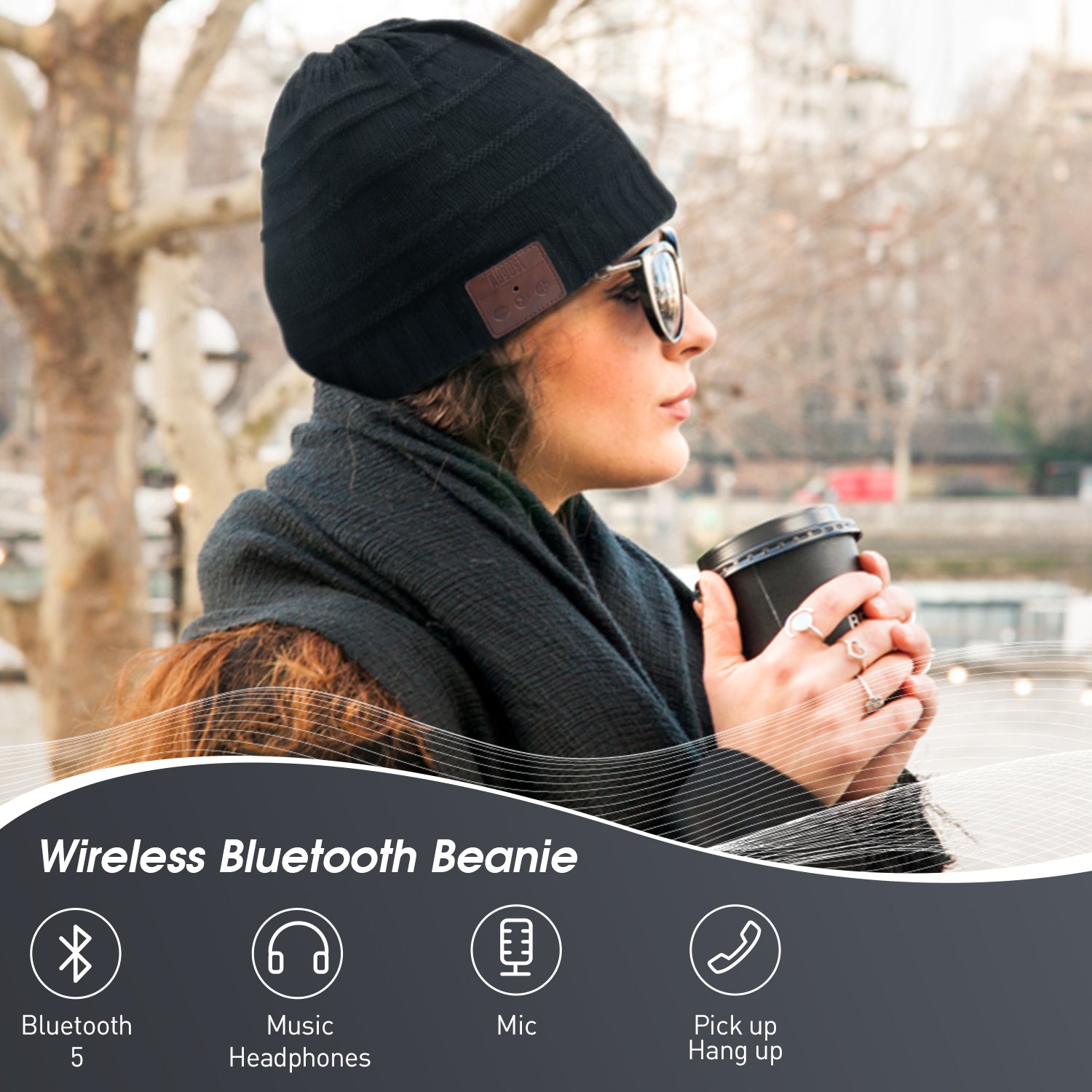 Bluetooth Beanie Hat with Microphone - Wireless Rechargeable Winter Skull Cap for Men & Women - Soft Synthetic Wool Ear Warmers for Running, Skiing, Hiking & Outdoor Activities - August EPA25