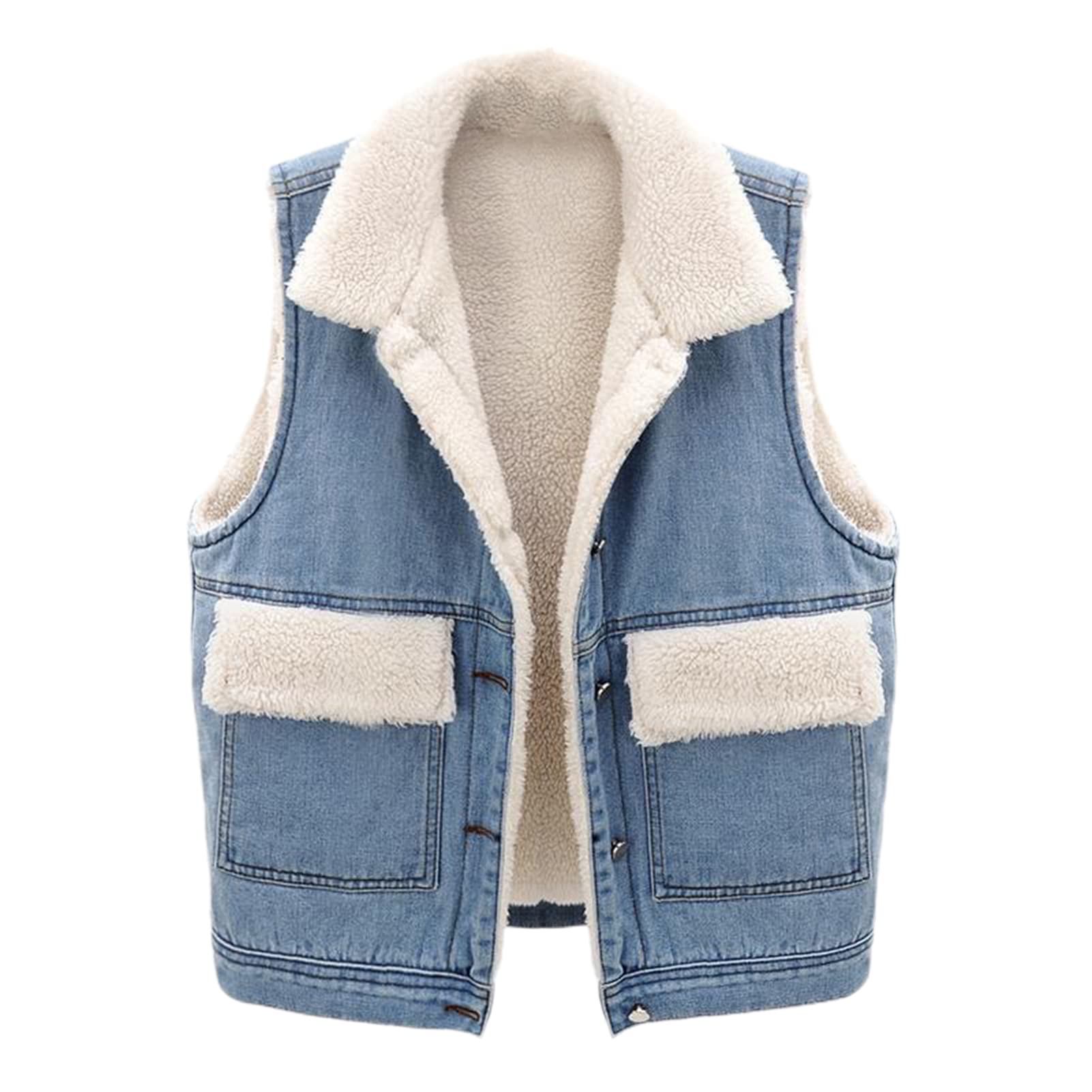 JENPECH Women's Fleece Lined Denim Jacket - Oversized Distressed Sleeveless Jean Vest with Pockets | Warm Winter Fashion for Casual Outfits & Streetwear