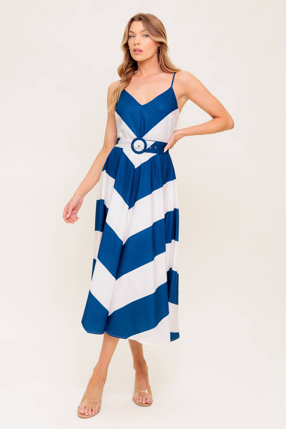 Stylish Coastal Charm Navy & White Midi Dress - Perfect for Beach Vacations, Summer Outings & Casual Elegance