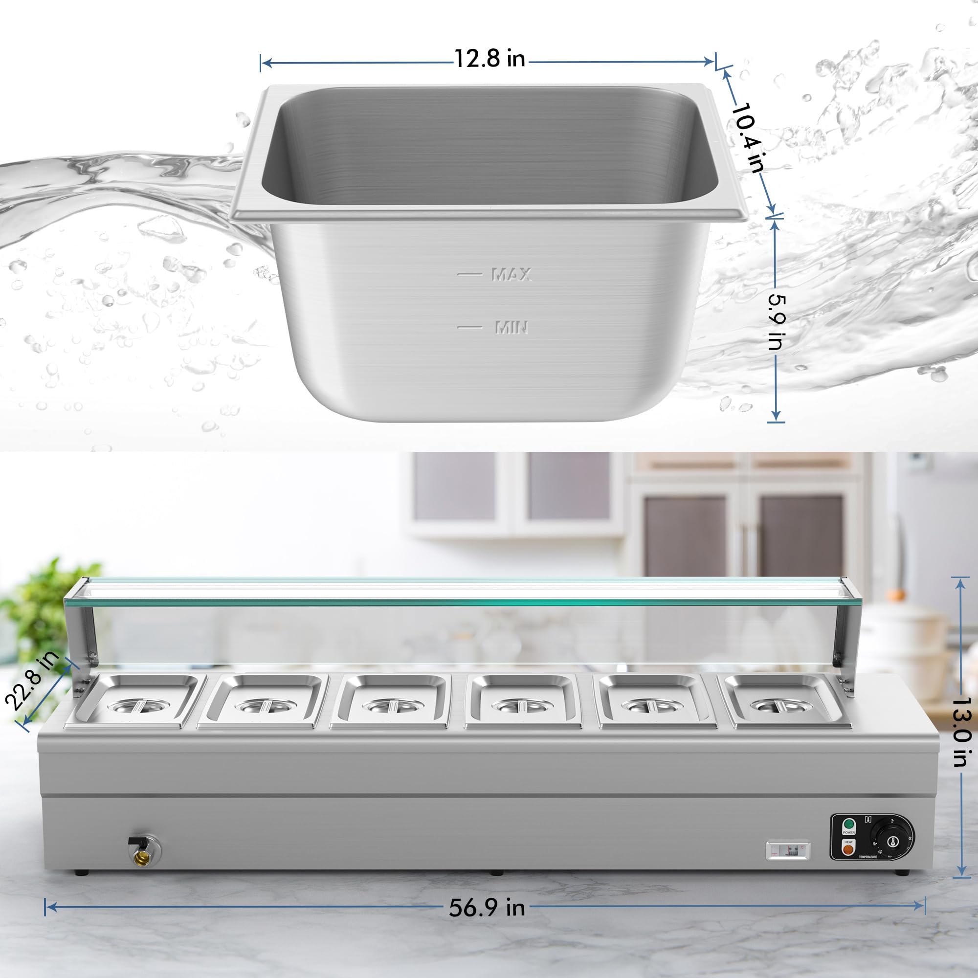 6-Pan Commercial Food Warmer - 110V 1500W Stainless Steel Bain Marie Steam Table with Large Capacity Pans | Perfect for Catering, Restaurants, Parties & Buffets | Electric Food Warmer for Professional Kitchens & Events (110V 6-Pan)