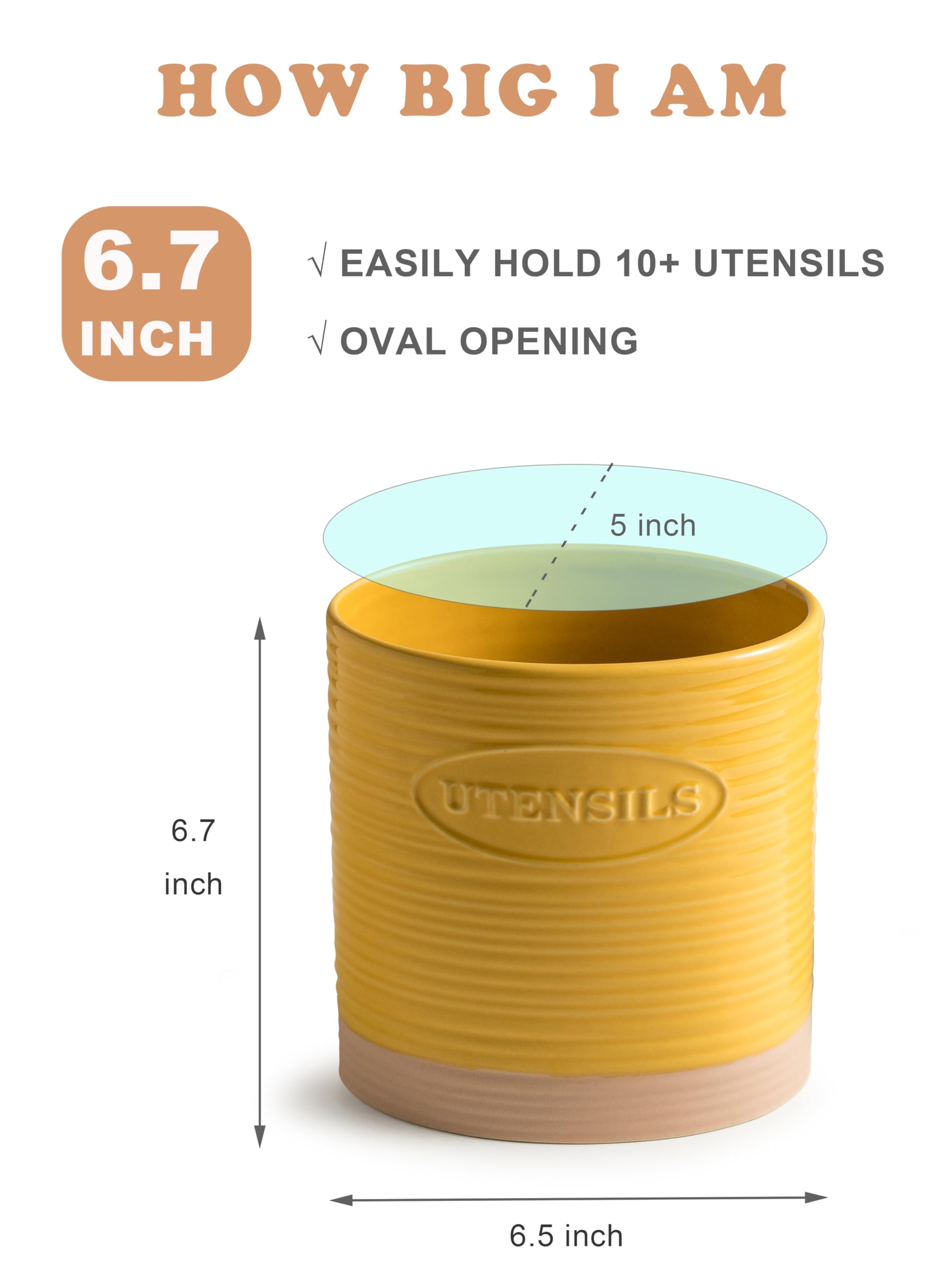 Premium Ceramic Kitchen Utensil Holder - Large Oval Countertop Organizer for Cooking Tools (Yellow) | Perfect for Storing Spoons, Spatulas & Utensils by Stove or Sink