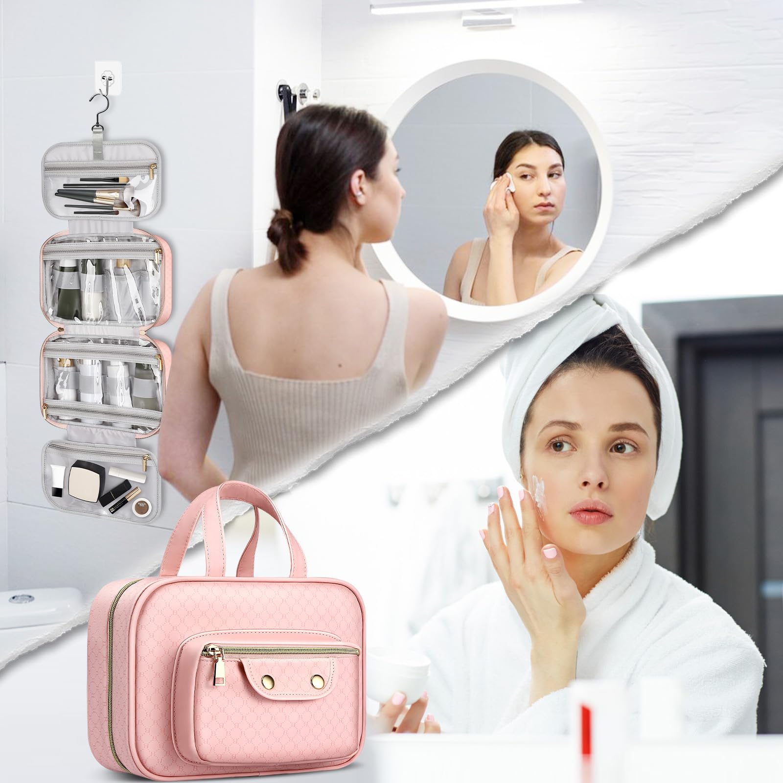 BOOMRICH Waterproof Hanging Toiletry Bag for Women - Travel Cosmetic Organizer with Multiple Pockets, Pink Makeup Bag for Bathroom & Shower - Perfect for Vacation, Gym, and Business Trips