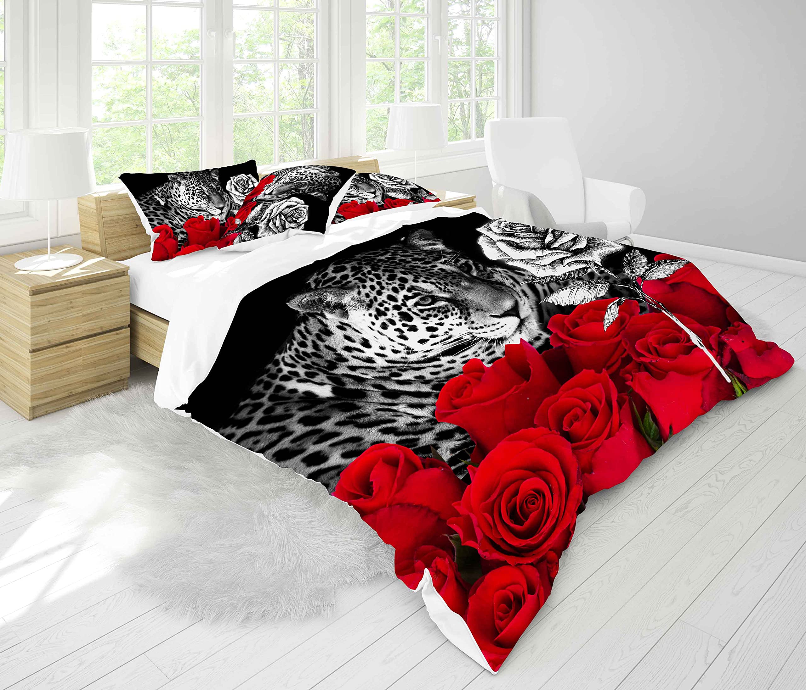 Feelyou Cheetah Print Comforter Set - Red Rose Leopard Bedding Collection | Soft & Lightweight Safari Wildlife Duvet Cover with 2 Pillowcases (Full Size) for Jungle-Themed Bedroom Decor, Wild Animal Lover's Home Accessory