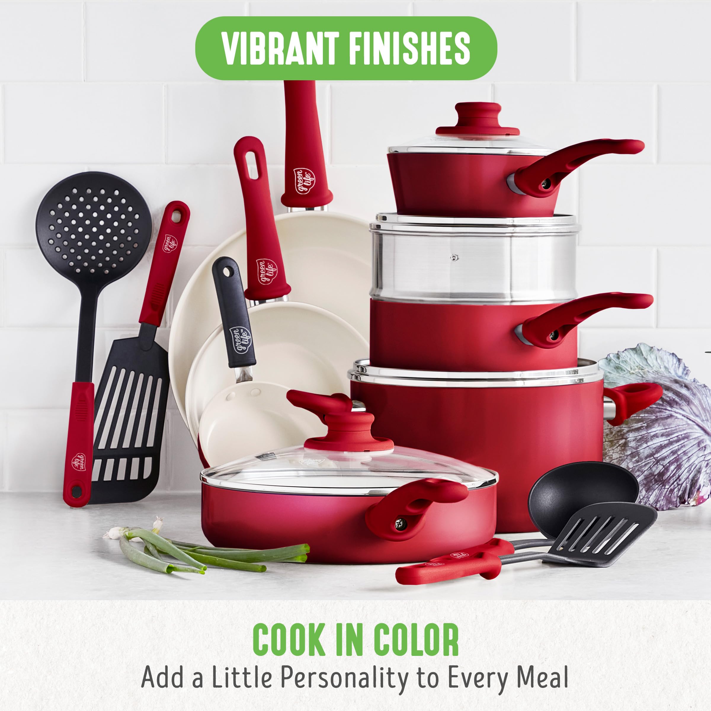 GreenLife Soft Grip 16-Piece Non-Toxic Ceramic Nonstick Cookware Set - PFAS-Free Pots & Pans with Glass Lids, Stay-Cool Handles - Frying, Sauteing, Boiling - Dishwasher & Oven Safe - Perfect for Home Cooking & Family Meals (Red)
