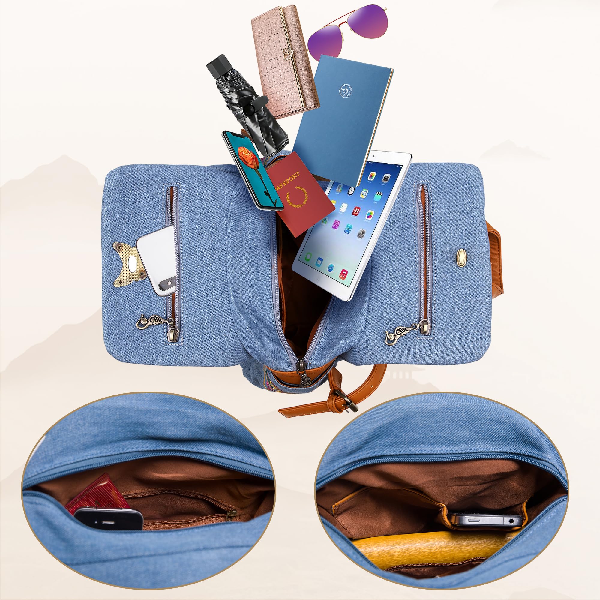 Jursccu Women's Denim Embroidered Floral Canvas Backpack - Anti-Theft Retro Jeans Travel Bag with Ethnic Style - Perfect for School, Work, Travel & Daily Use