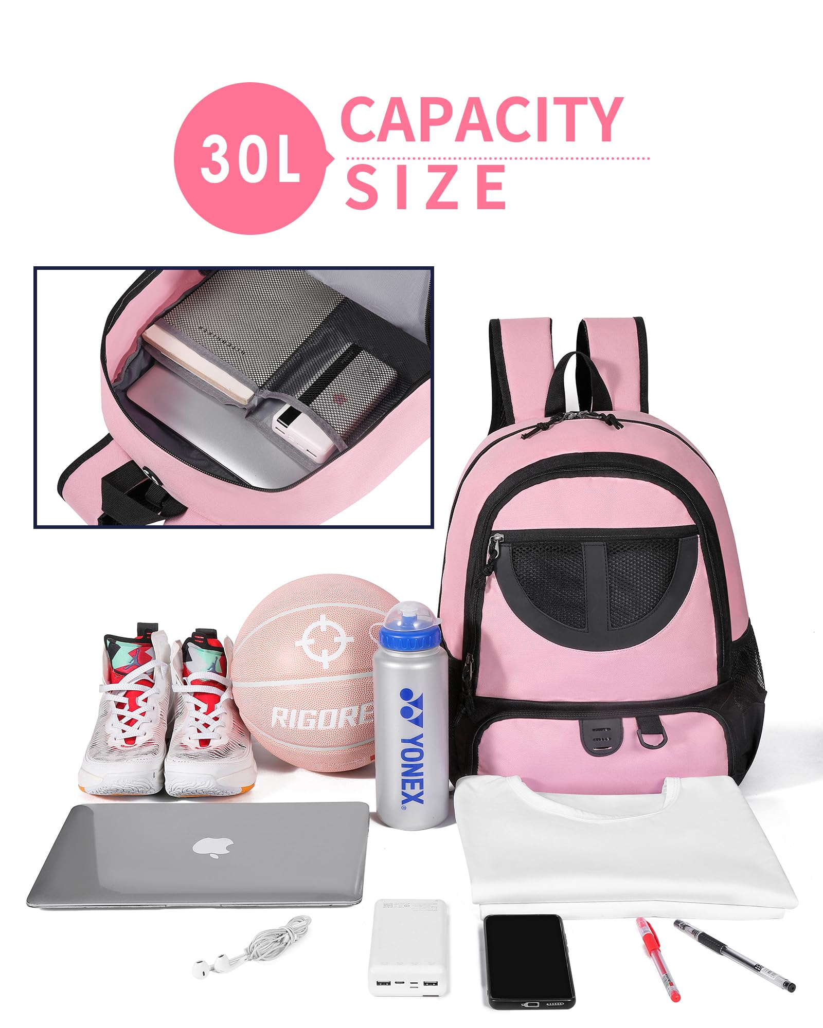 **30L Lightweight Breathable Basketball Backpack for Men & Women - Sports Gym Travel Bag with Separate Ball & Shoes Compartment - Perfect for Basketball, Soccer, Volleyball & School Use**