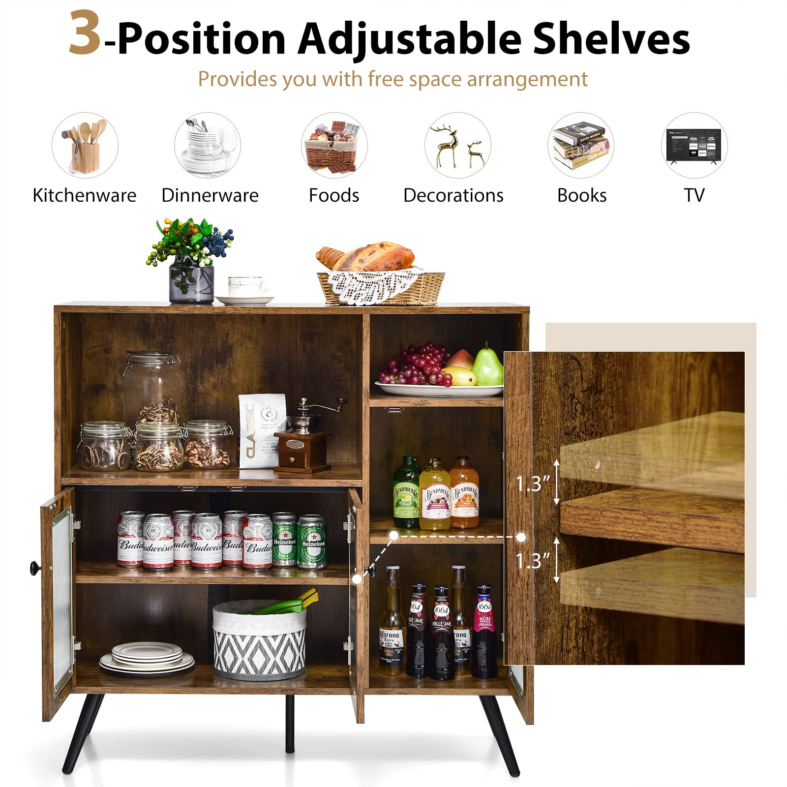 **Farmhouse Wood Sideboard Buffet Cabinet with Adjustable Shelves & Anti-Tip Device - Kitchen Storage, Coffee Bar Console Table for Living Room, Dining Room, Entryway - Perfect for Farmhouse Decor & Small Space Organization**